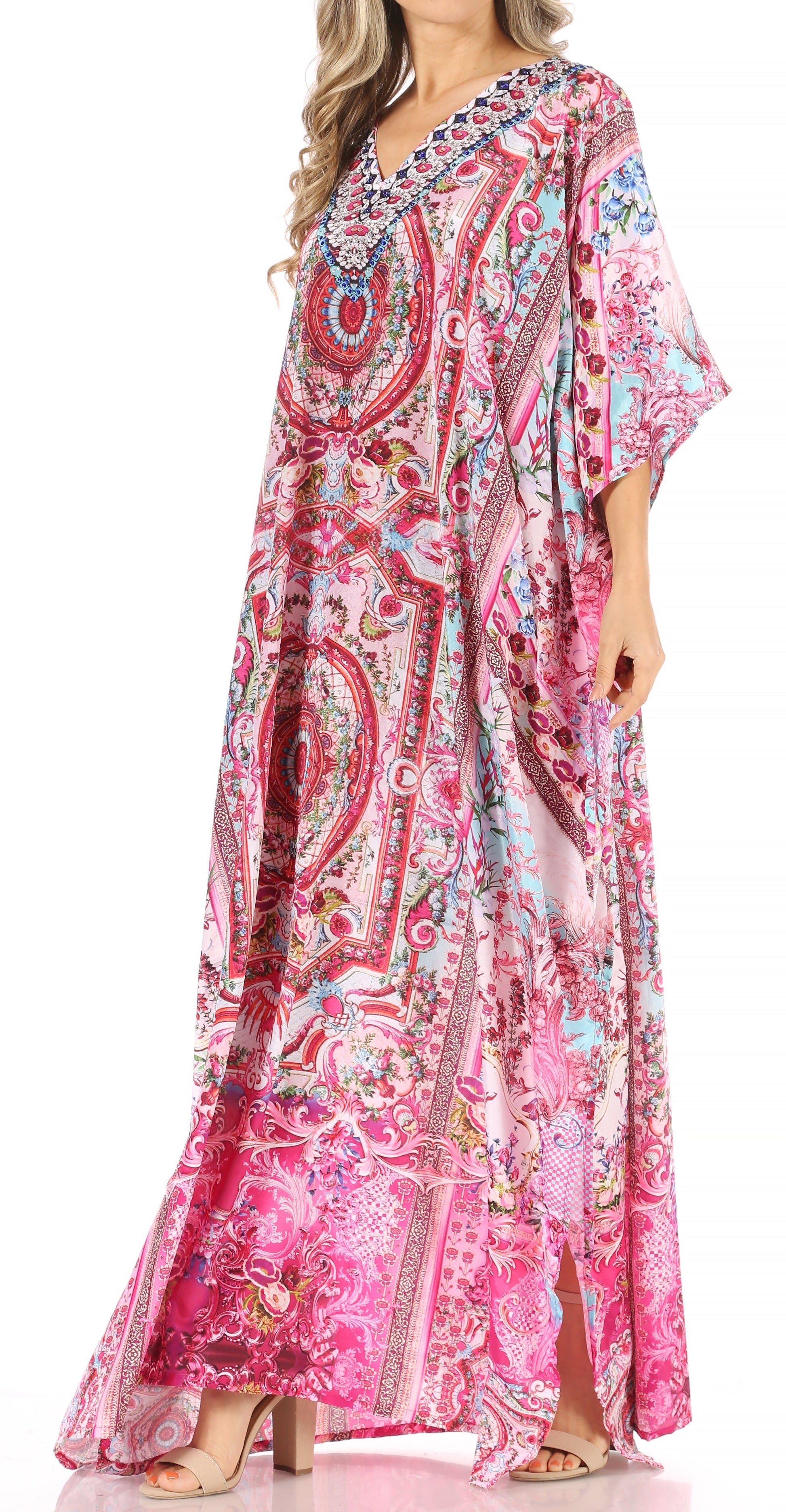 Sakkas Anahi Flowy Design V Neck Long Caftan Dress / Cover Up With Rhinestone - Concordia Style Boutique