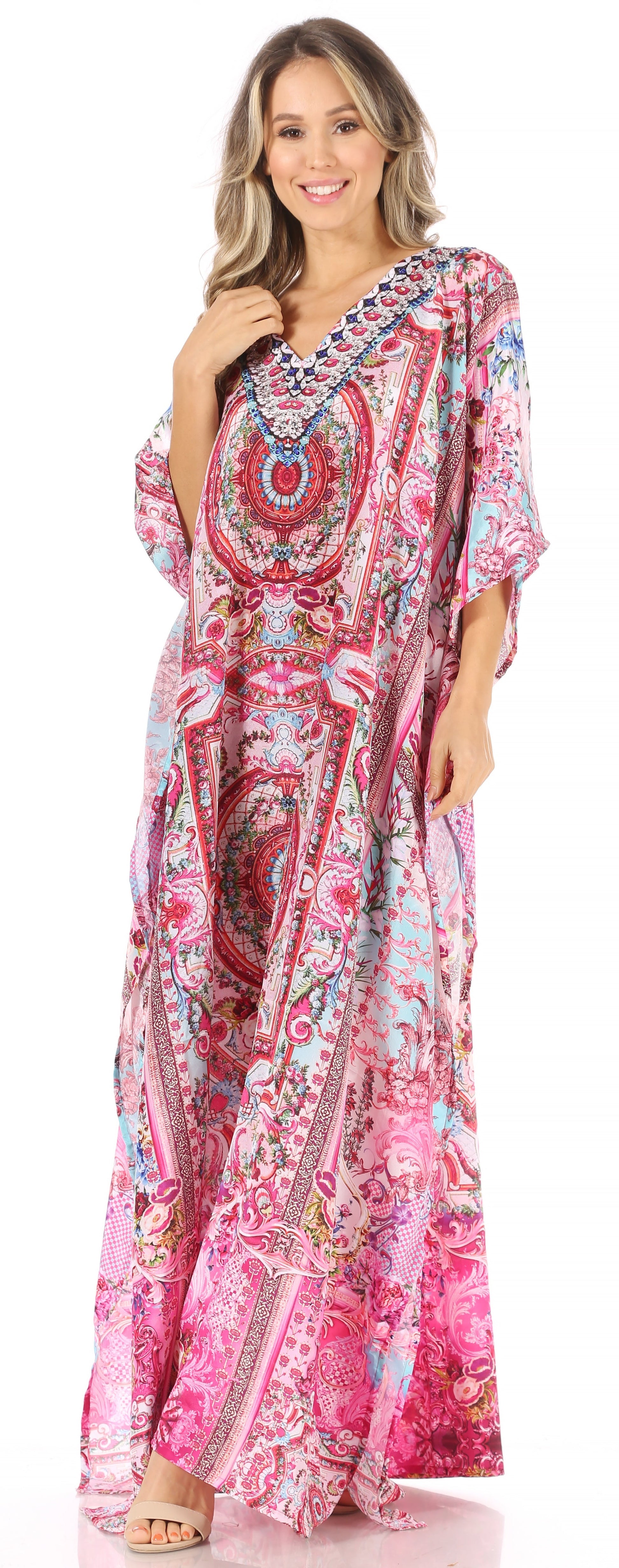 Sakkas Anahi Flowy Design V Neck Long Caftan Dress / Cover Up With Rhinestone - Concordia Style Boutique