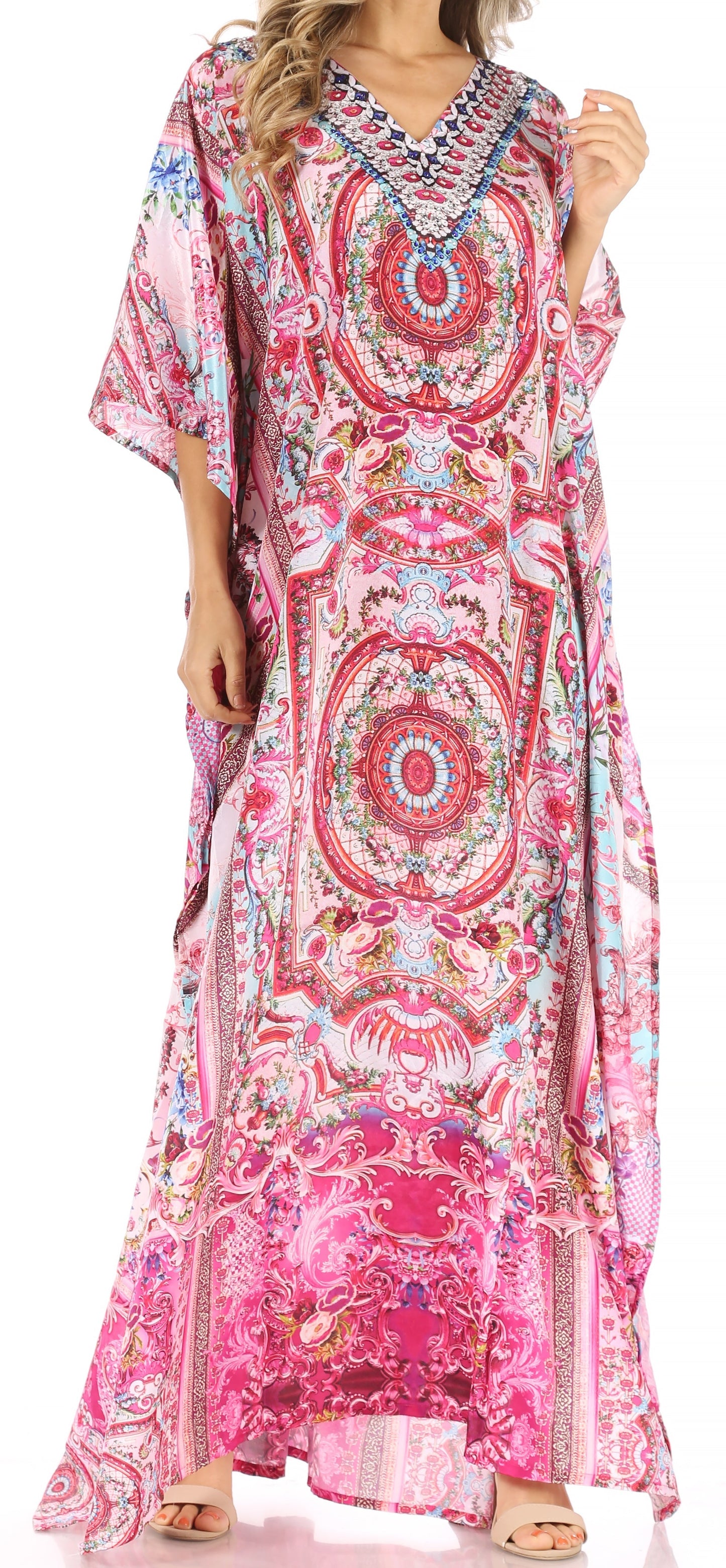 Sakkas Anahi Flowy Design V Neck Long Caftan Dress / Cover Up With Rhinestone - Concordia Style Boutique