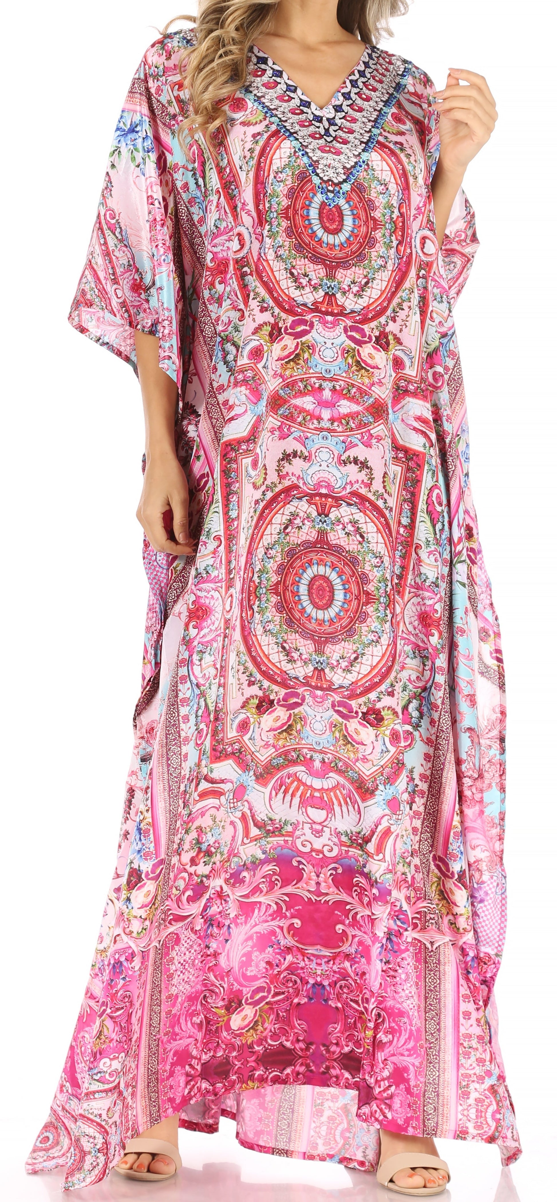 Sakkas Anahi Flowy Design V Neck Long Caftan Dress / Cover Up With Rhinestone - Concordia Style Boutique