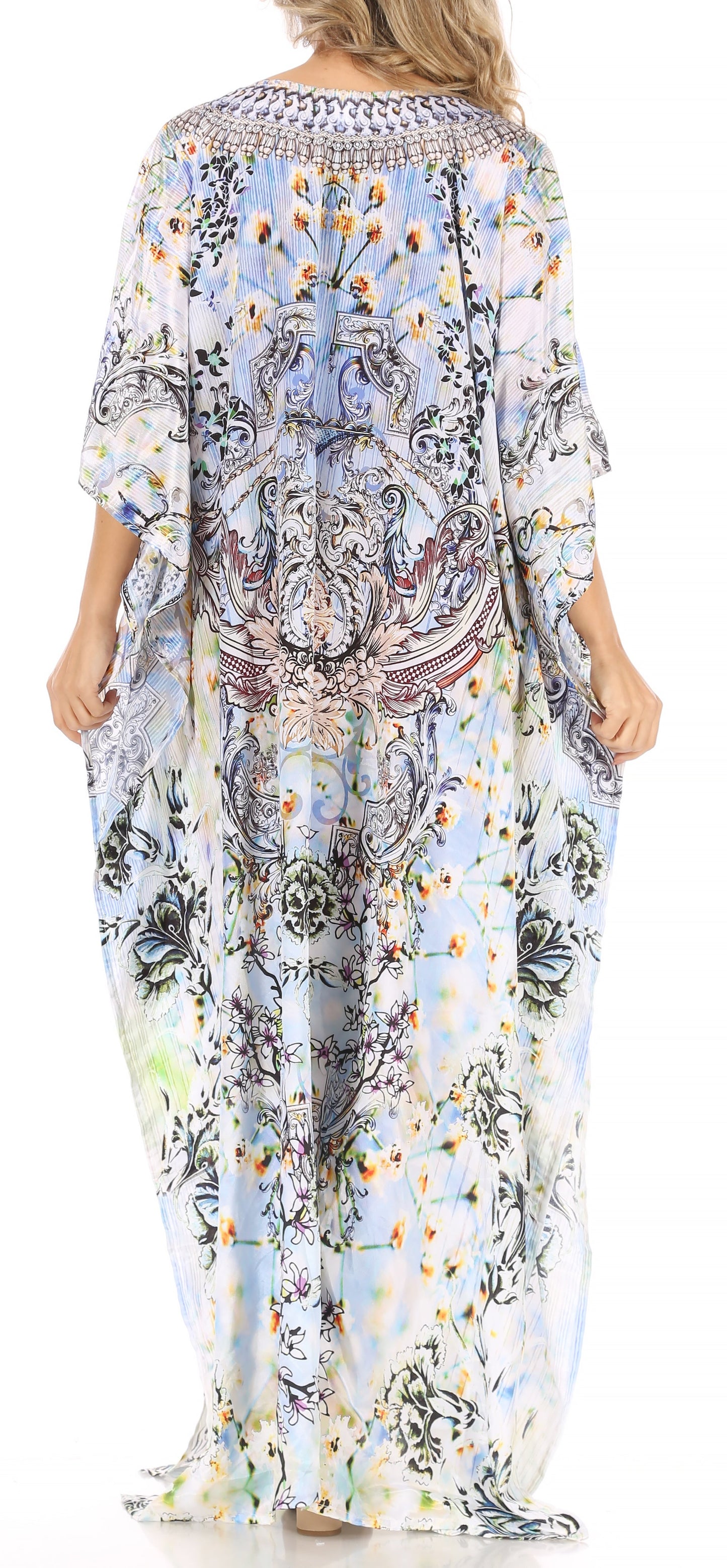 Sakkas Anahi Flowy Design V Neck Long Caftan Dress / Cover Up With Rhinestone - Concordia Style Boutique