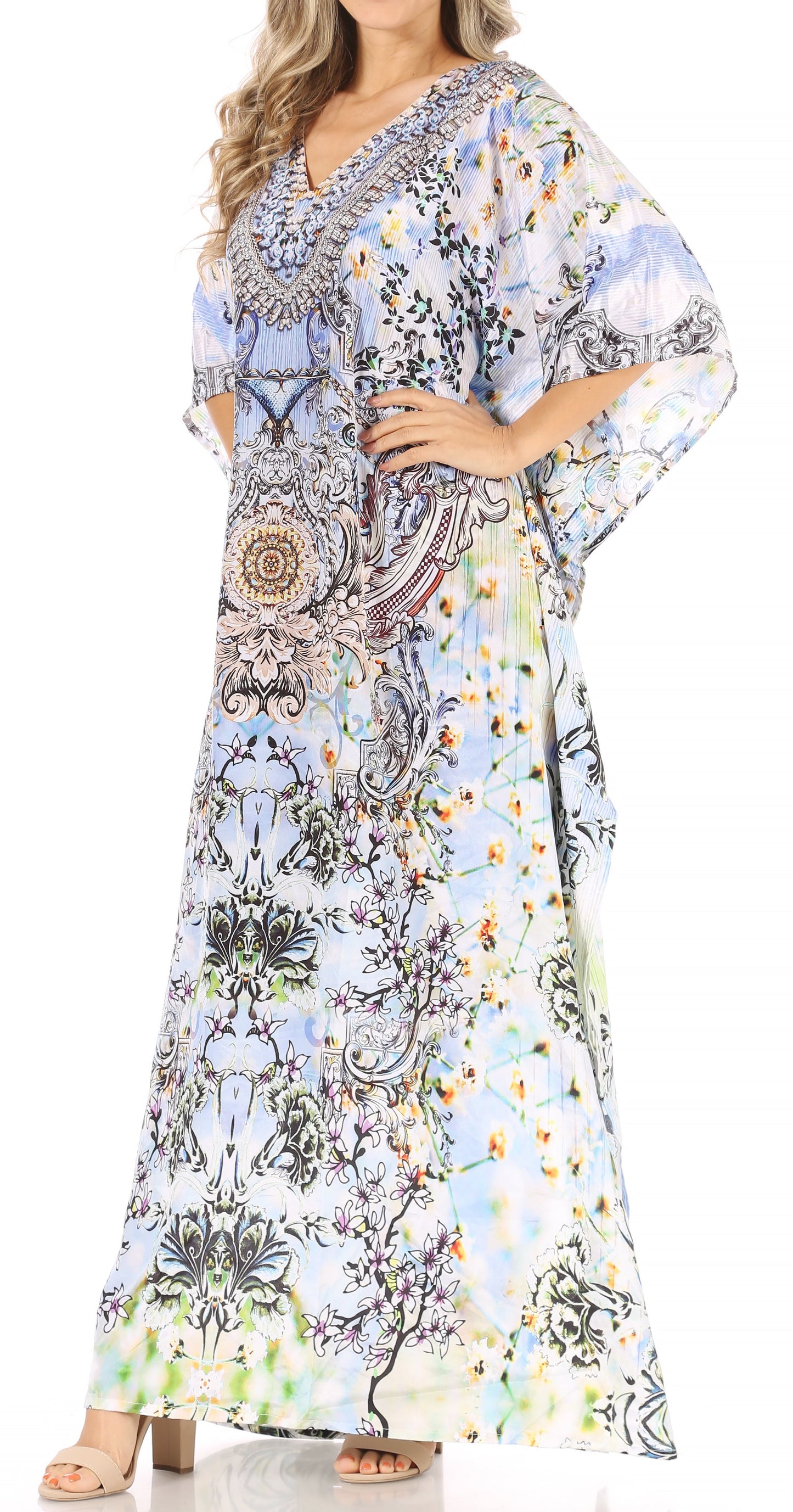 Sakkas Anahi Flowy Design V Neck Long Caftan Dress / Cover Up With Rhinestone - Concordia Style Boutique