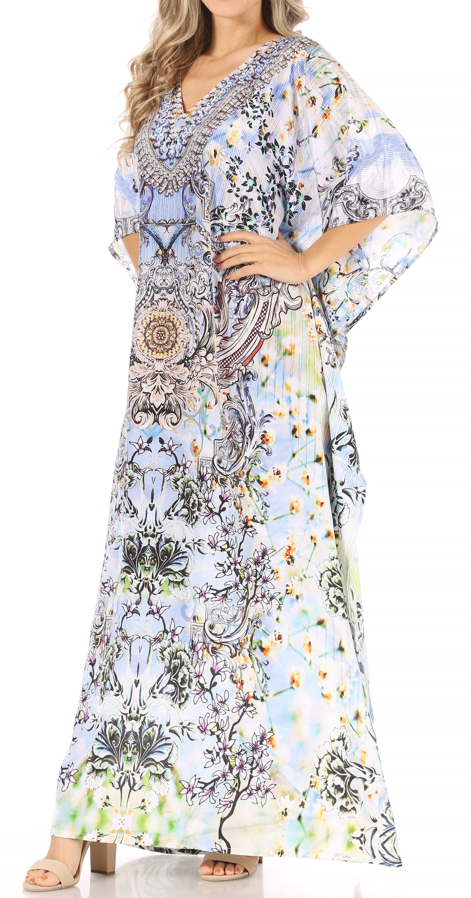 Sakkas Anahi Flowy Design V Neck Long Caftan Dress / Cover Up With Rhinestone - Concordia Style Boutique