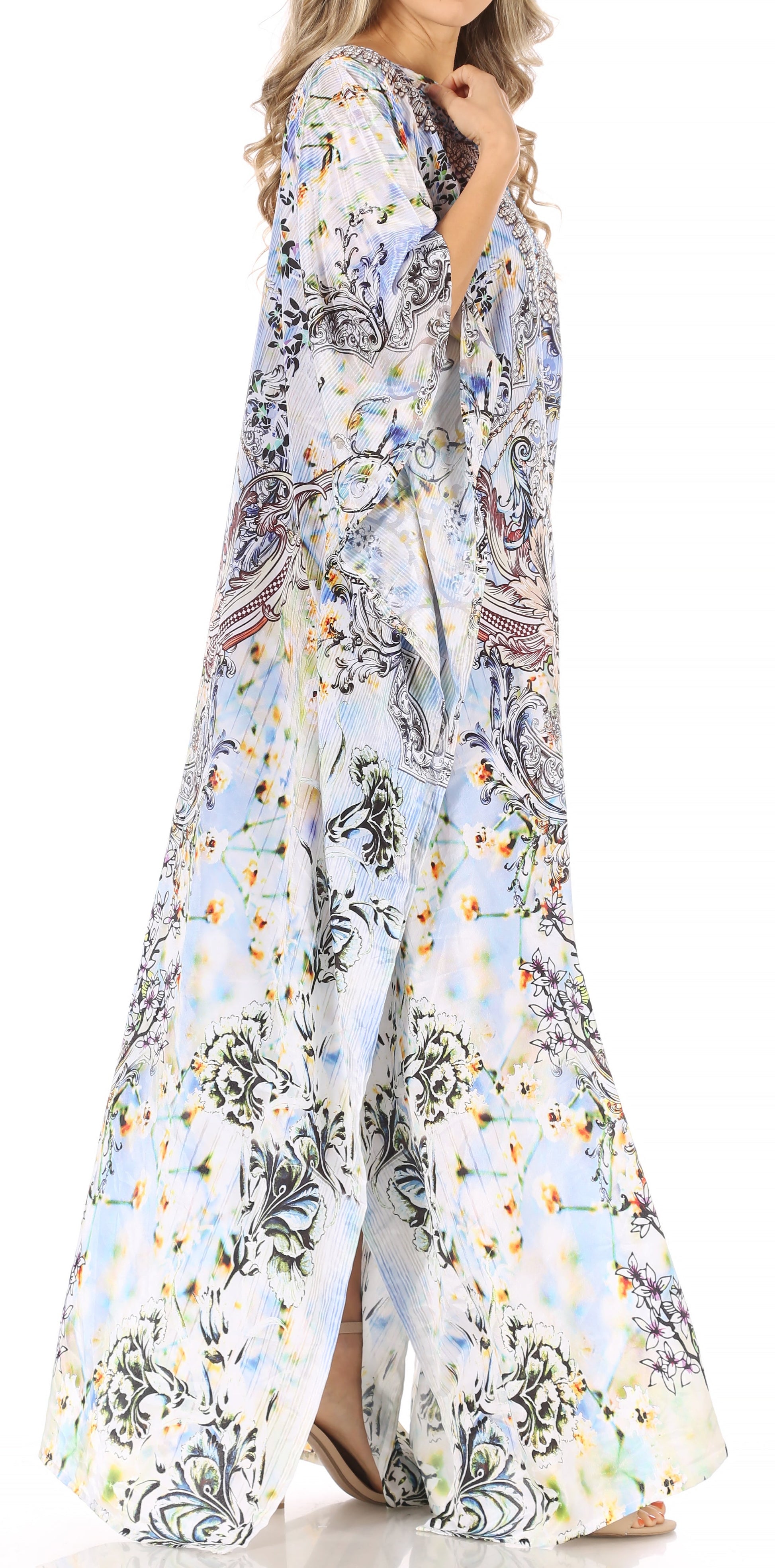 Sakkas Anahi Flowy Design V Neck Long Caftan Dress / Cover Up With Rhinestone - Concordia Style Boutique