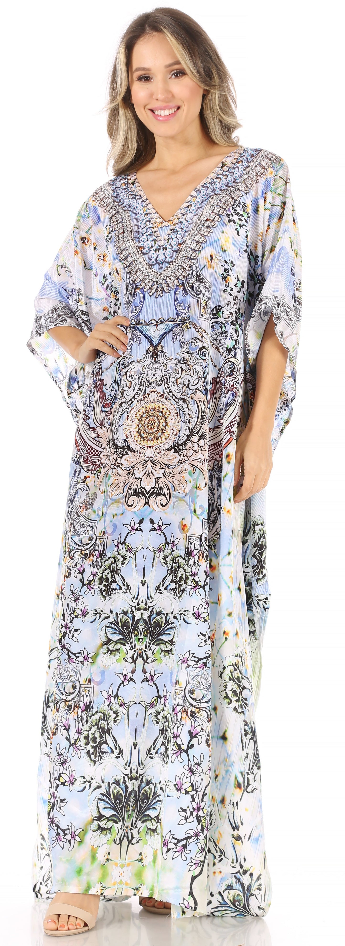 Sakkas Anahi Flowy Design V Neck Long Caftan Dress / Cover Up With Rhinestone - Concordia Style Boutique