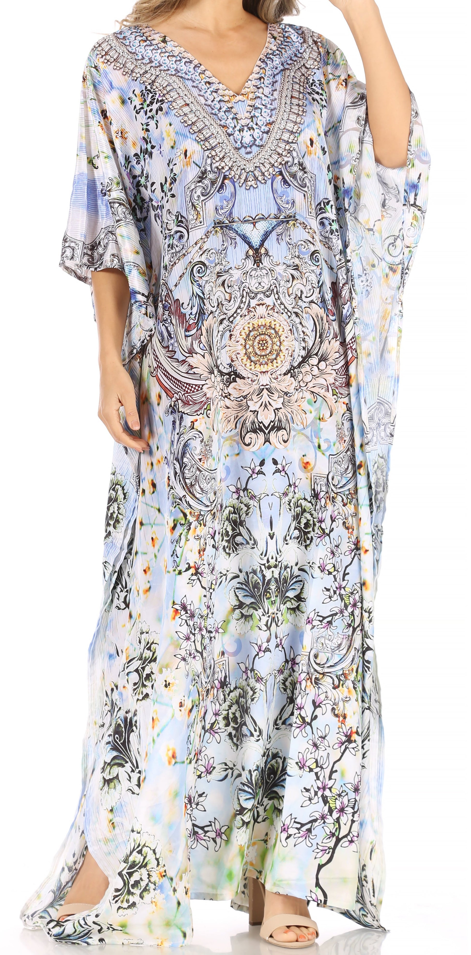 Sakkas Anahi Flowy Design V Neck Long Caftan Dress / Cover Up With Rhinestone - Concordia Style Boutique
