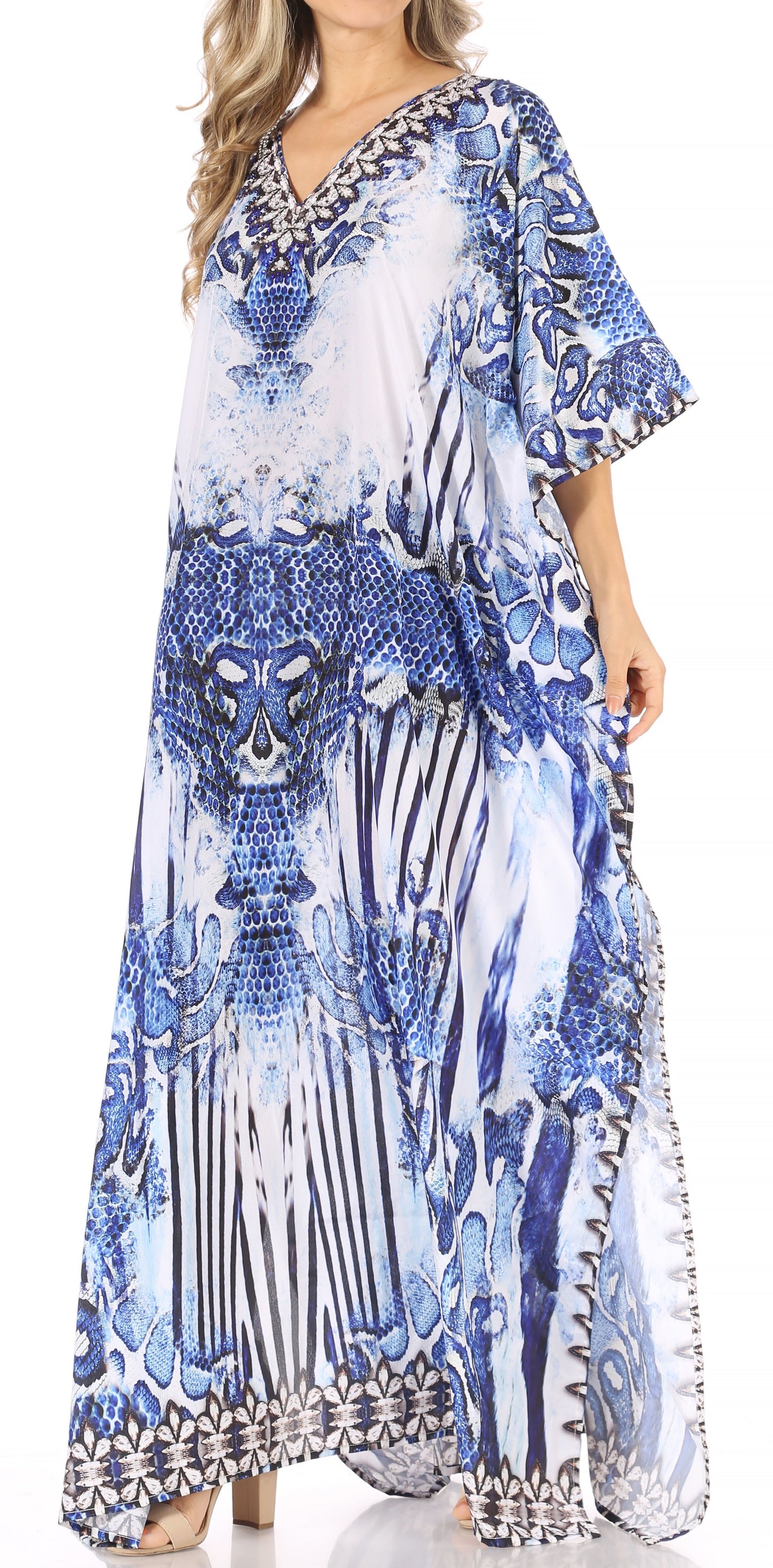 Sakkas Anahi Flowy Design V Neck Long Caftan Dress / Cover Up With Rhinestone - Concordia Style Boutique