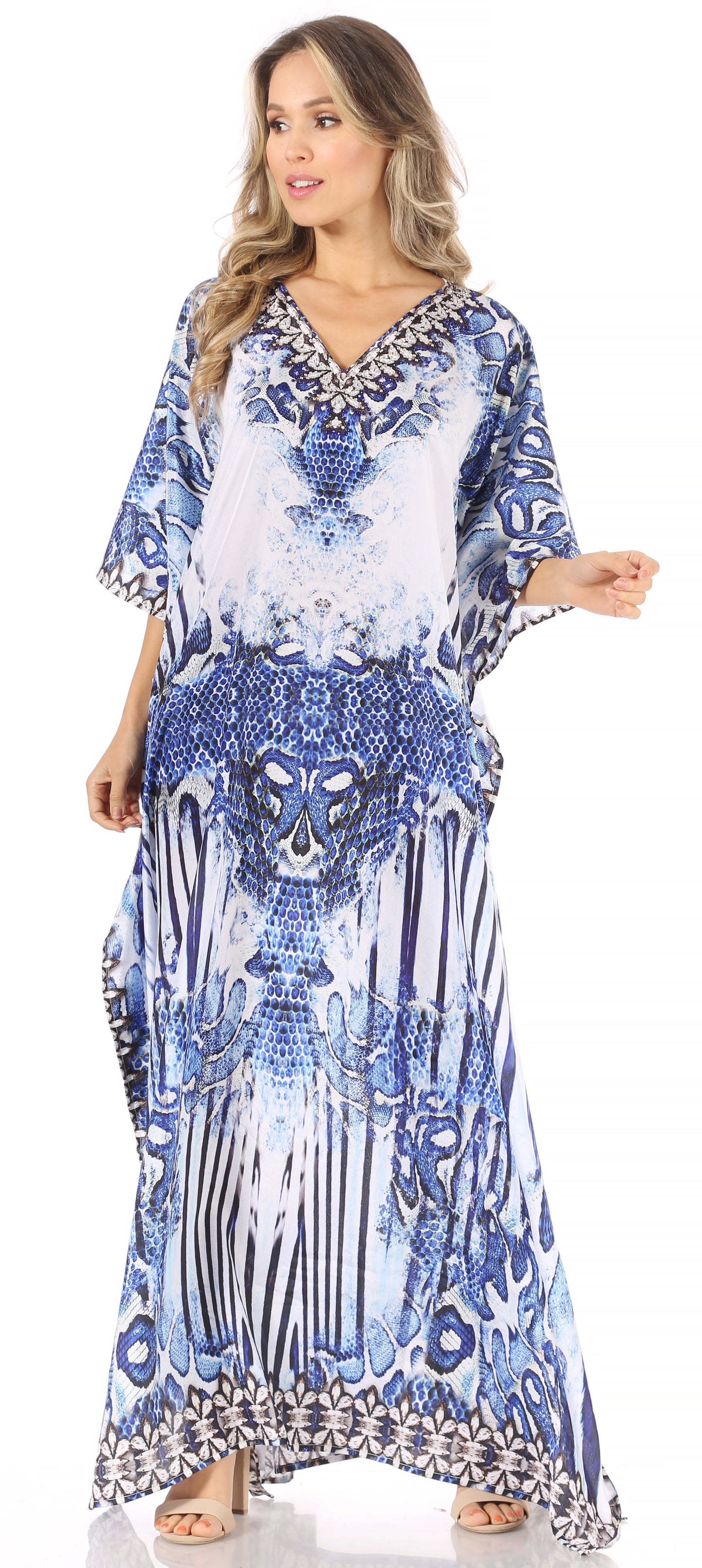 Sakkas Anahi Flowy Design V Neck Long Caftan Dress / Cover Up With Rhinestone - Concordia Style Boutique
