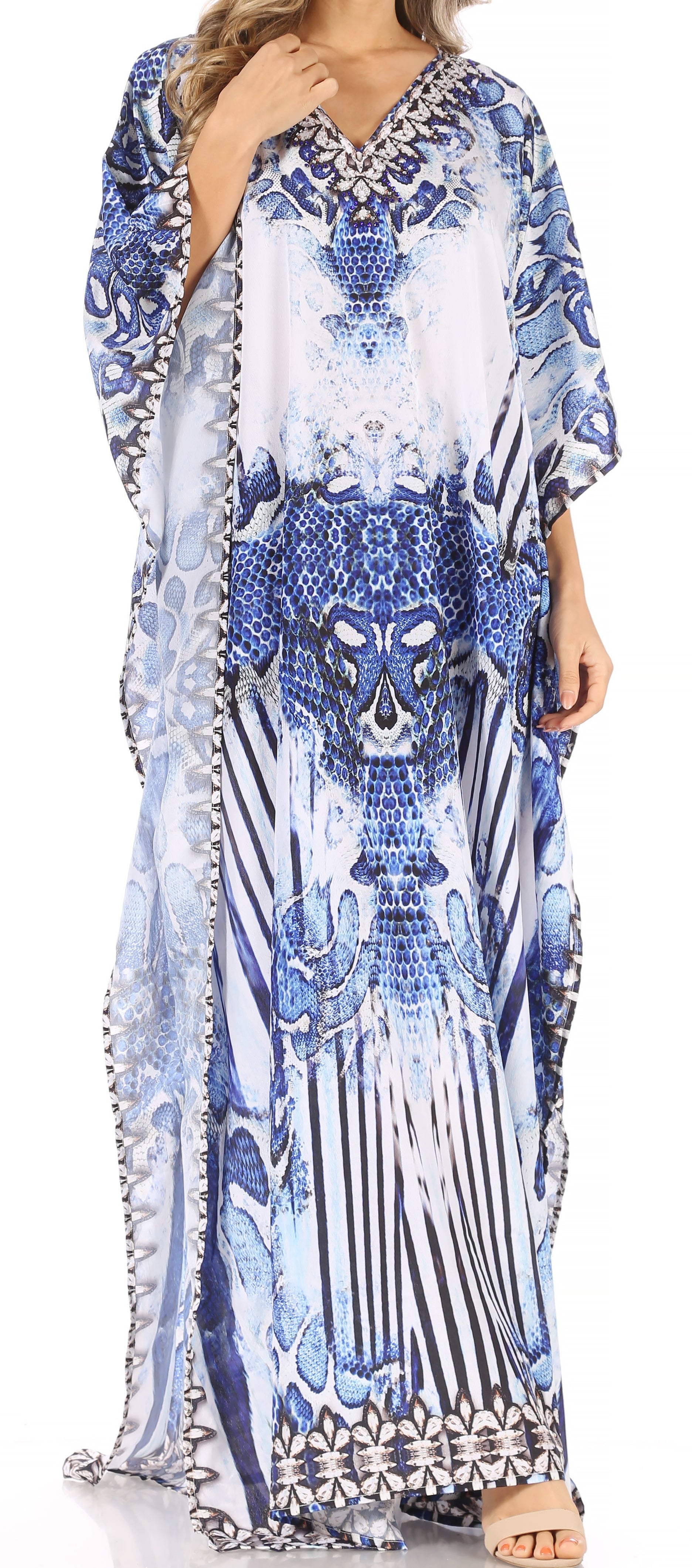 Sakkas Anahi Flowy Design V Neck Long Caftan Dress / Cover Up With Rhinestone - Concordia Style Boutique