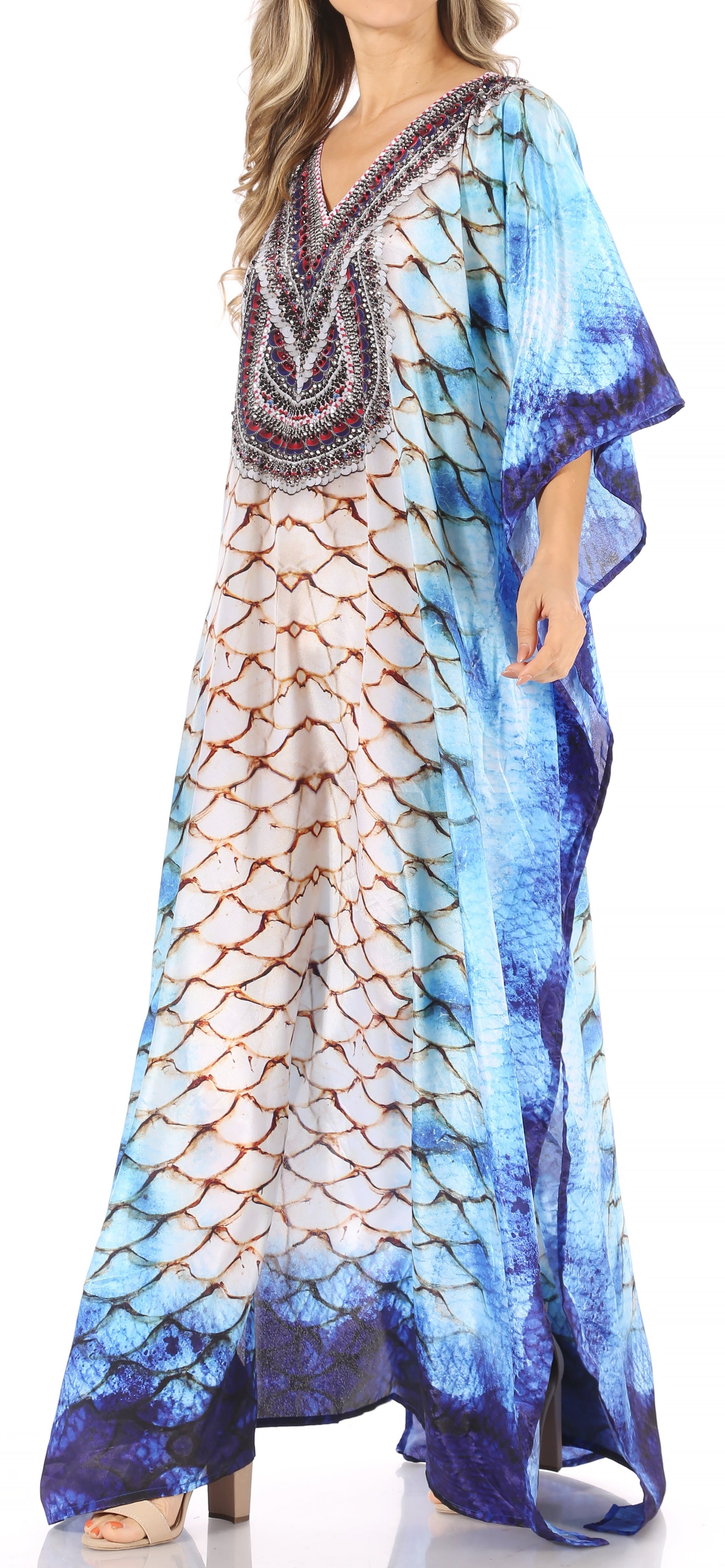 Sakkas Anahi Flowy Design V Neck Long Caftan Dress / Cover Up With Rhinestone - Concordia Style Boutique