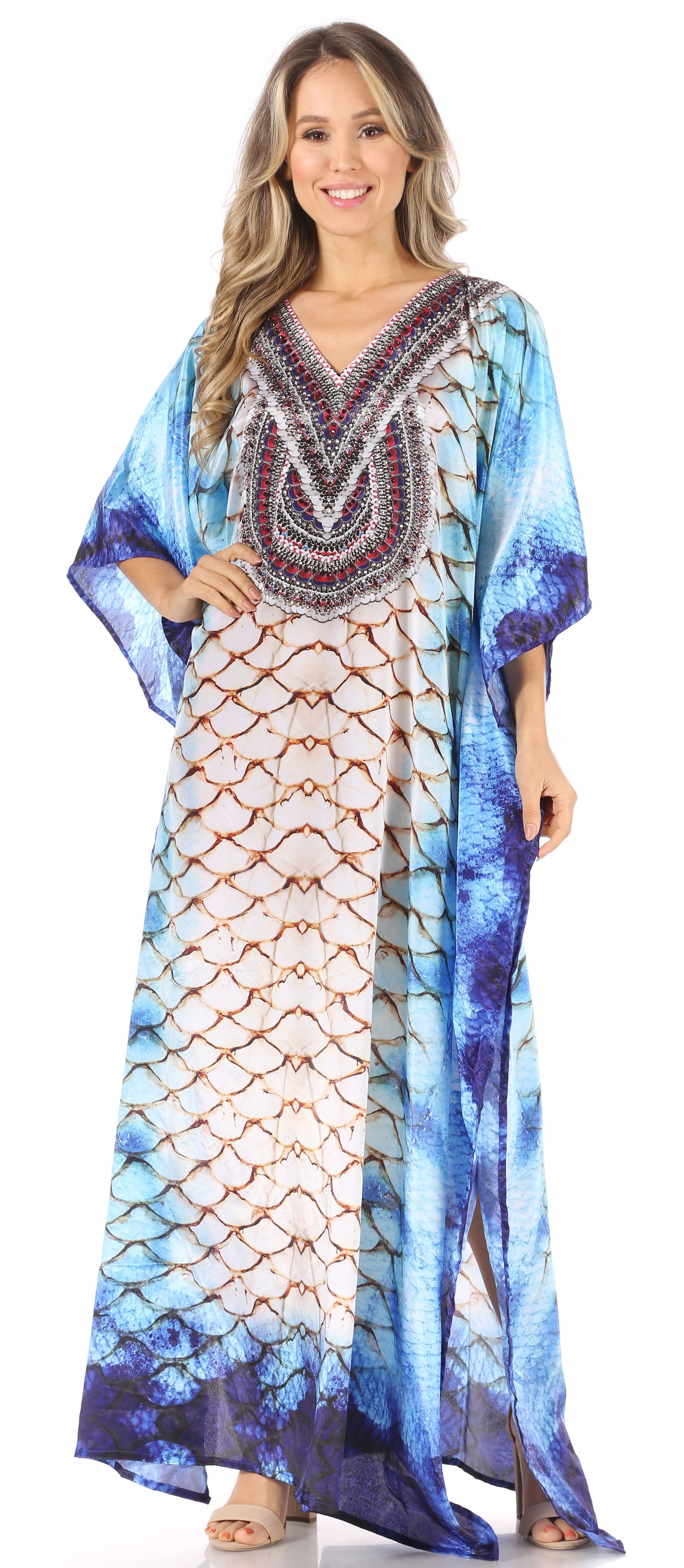 Sakkas Anahi Flowy Design V Neck Long Caftan Dress / Cover Up With Rhinestone - Concordia Style Boutique