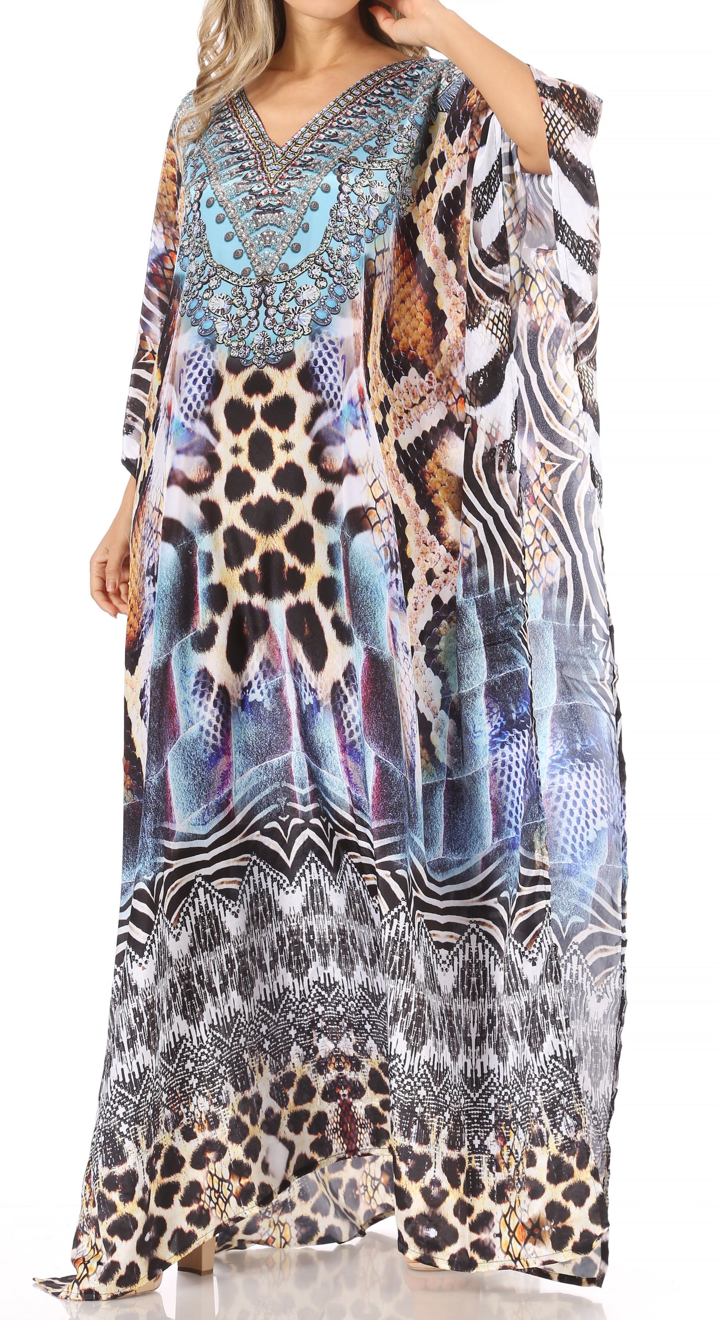 Sakkas Anahi Flowy Design V Neck Long Caftan Dress / Cover Up With Rhinestone - Concordia Style Boutique