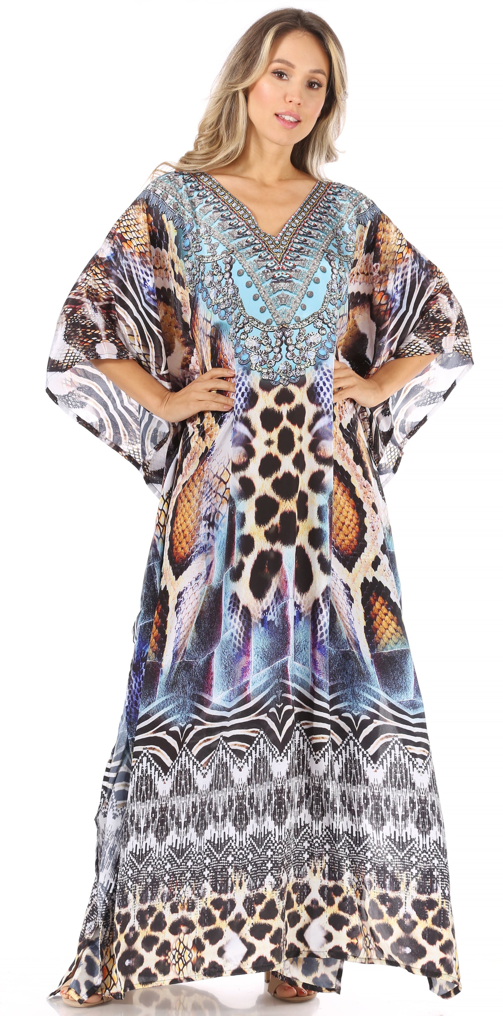Sakkas Anahi Flowy Design V Neck Long Caftan Dress / Cover Up With Rhinestone - Concordia Style Boutique