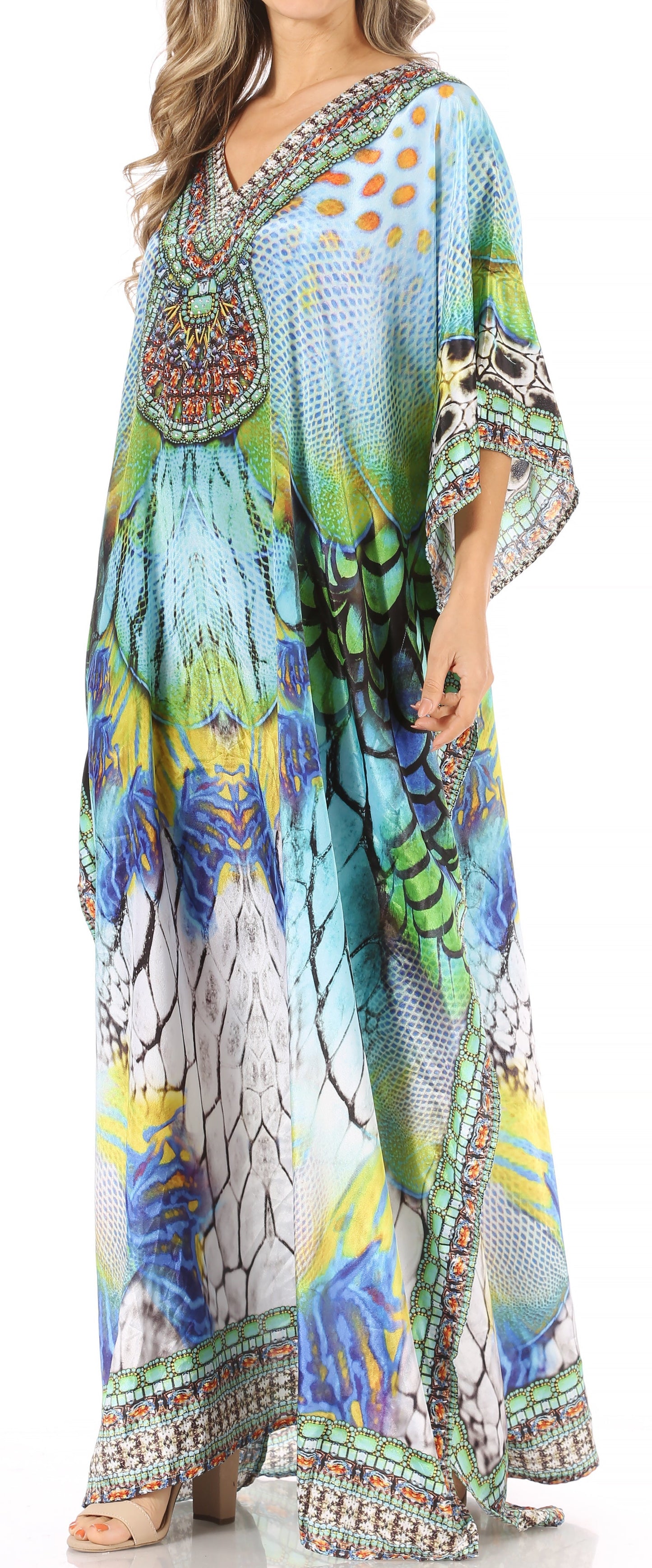 Sakkas Anahi Flowy Design V Neck Long Caftan Dress / Cover Up With Rhinestone - Concordia Style Boutique