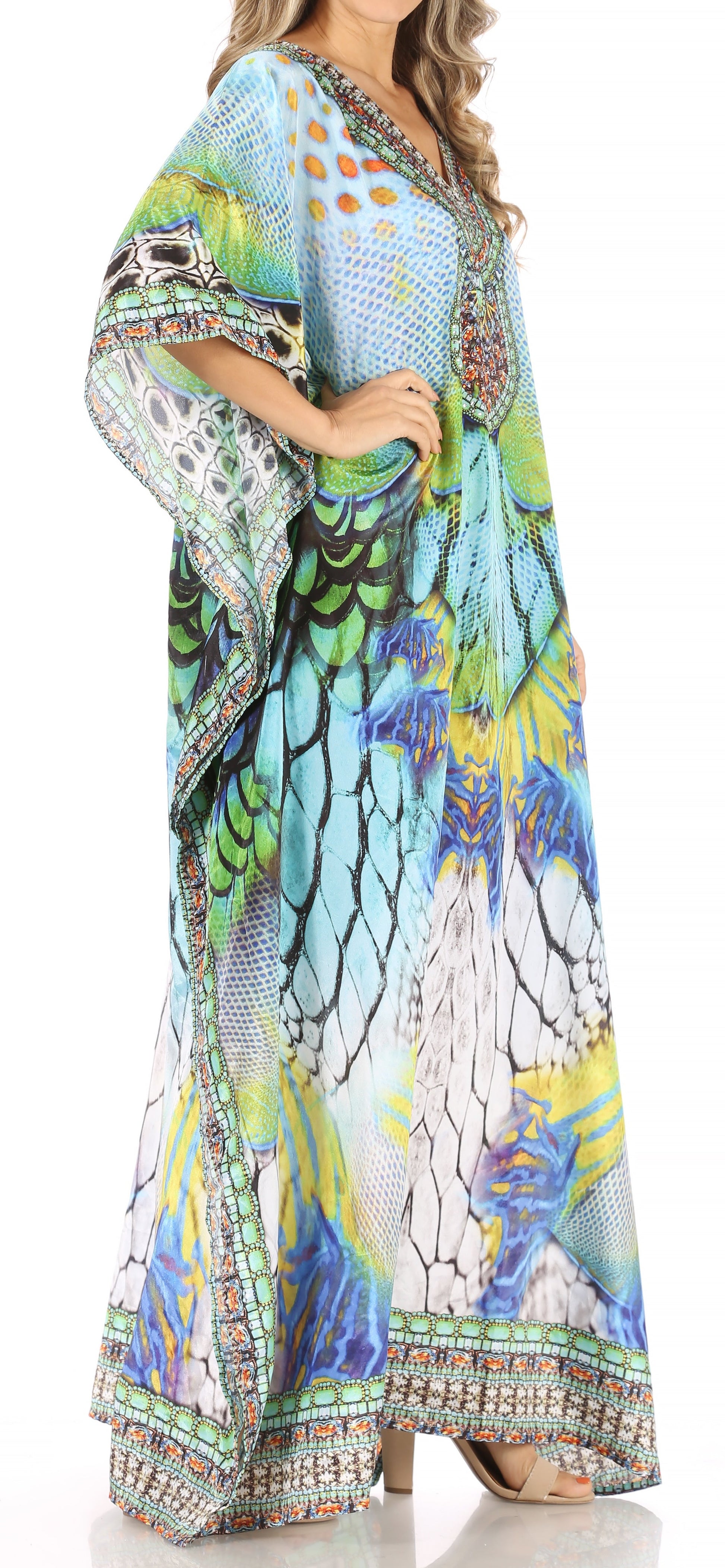 Sakkas Anahi Flowy Design V Neck Long Caftan Dress / Cover Up With Rhinestone - Concordia Style Boutique