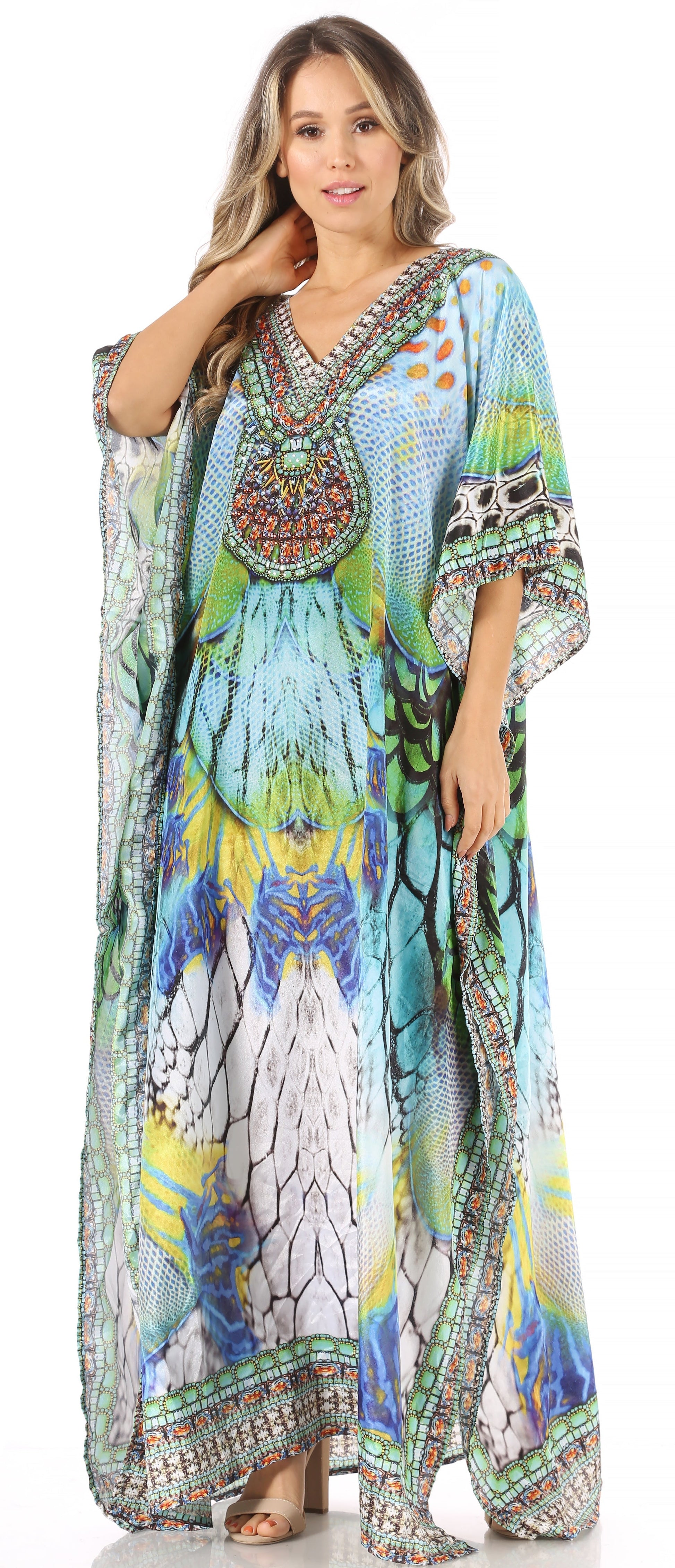 Sakkas Anahi Flowy Design V Neck Long Caftan Dress / Cover Up With Rhinestone - Concordia Style Boutique