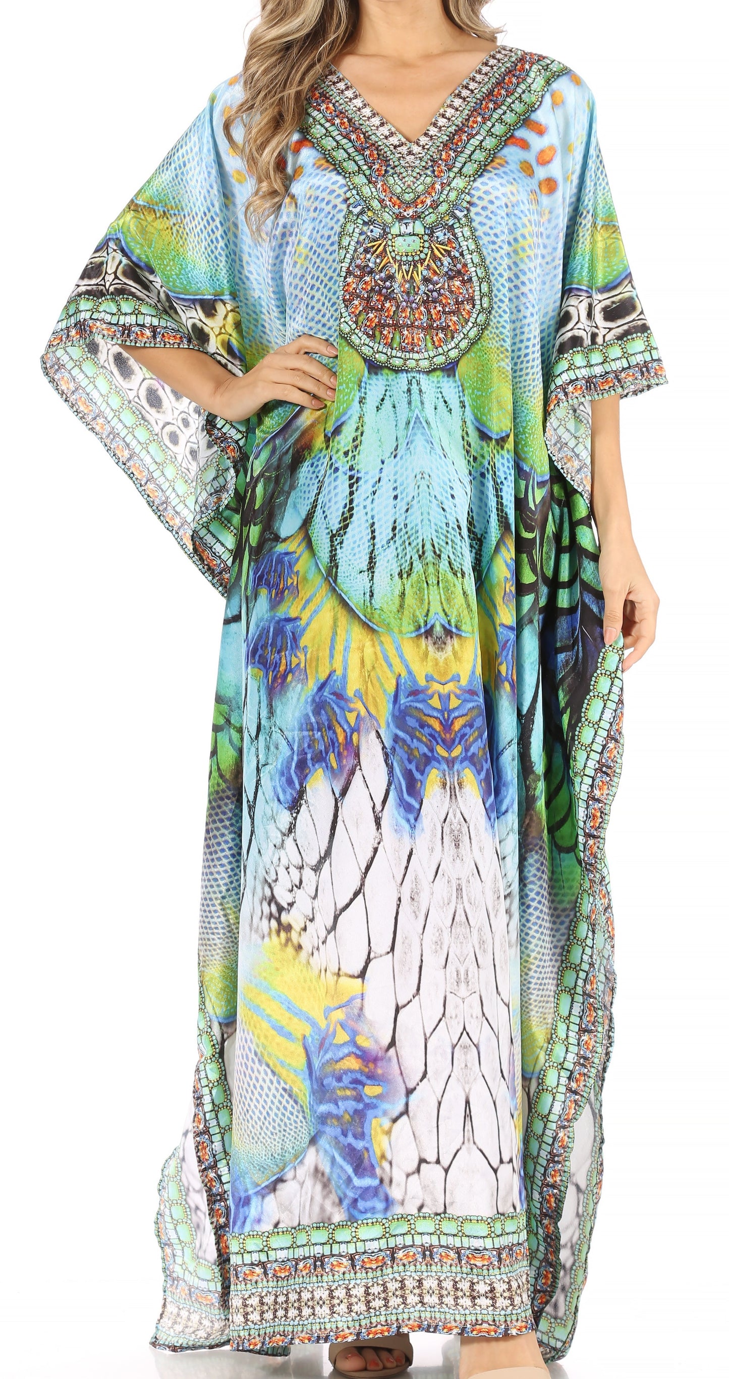 Sakkas Anahi Flowy Design V Neck Long Caftan Dress / Cover Up With Rhinestone - Concordia Style Boutique