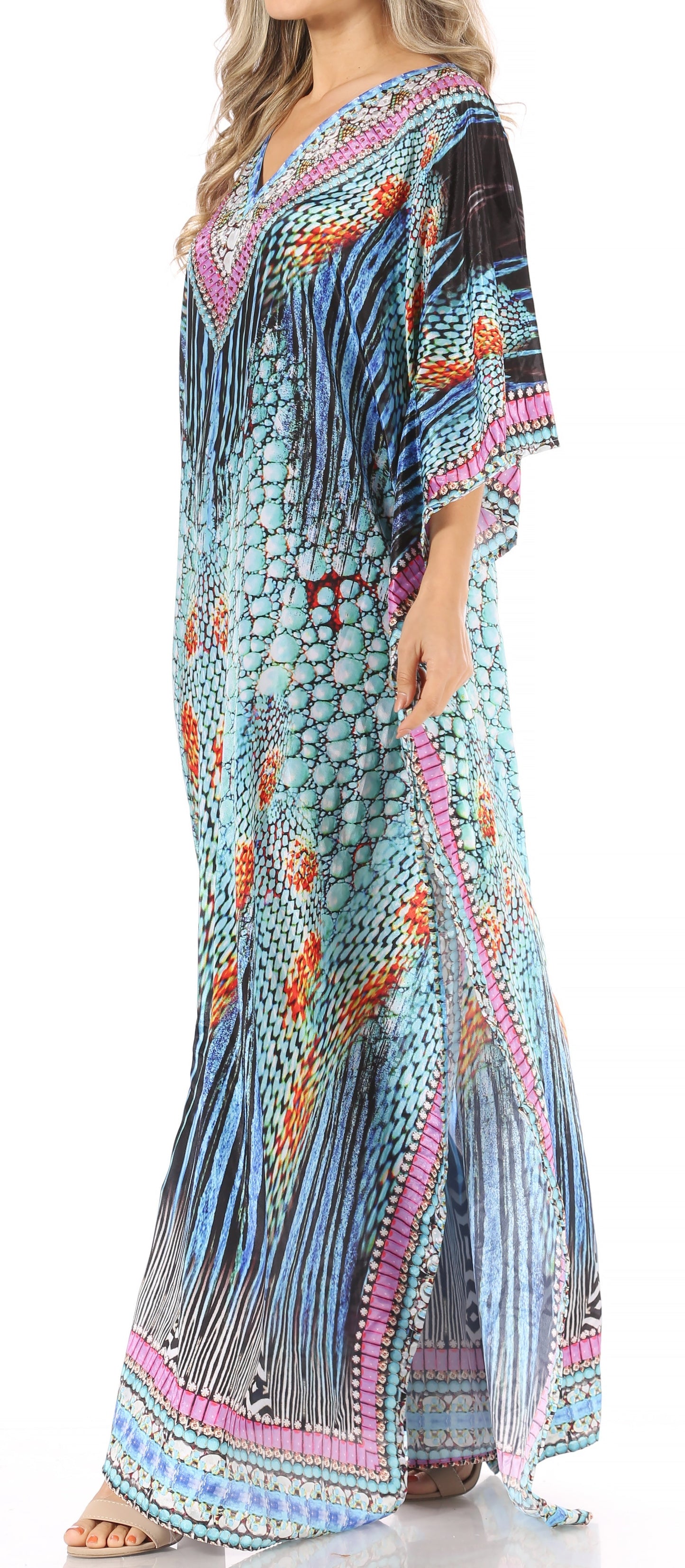 Sakkas Anahi Flowy Design V Neck Long Caftan Dress / Cover Up With Rhinestone - Concordia Style Boutique