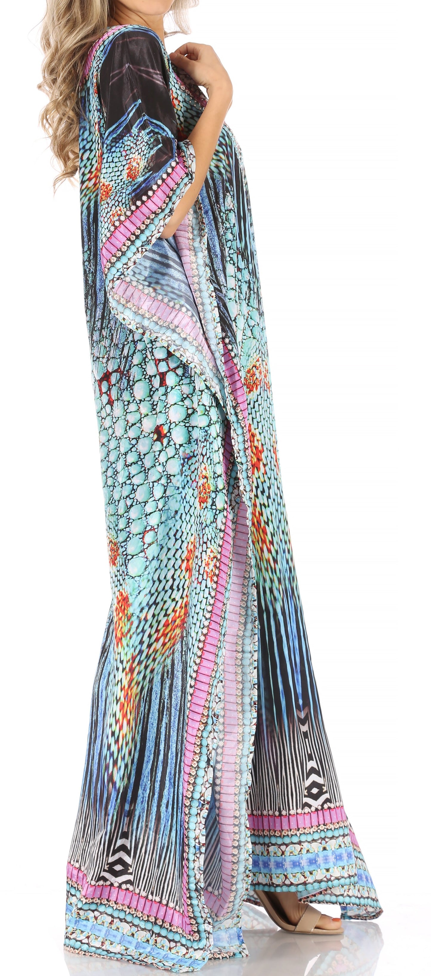 Sakkas Anahi Flowy Design V Neck Long Caftan Dress / Cover Up With Rhinestone - Concordia Style Boutique