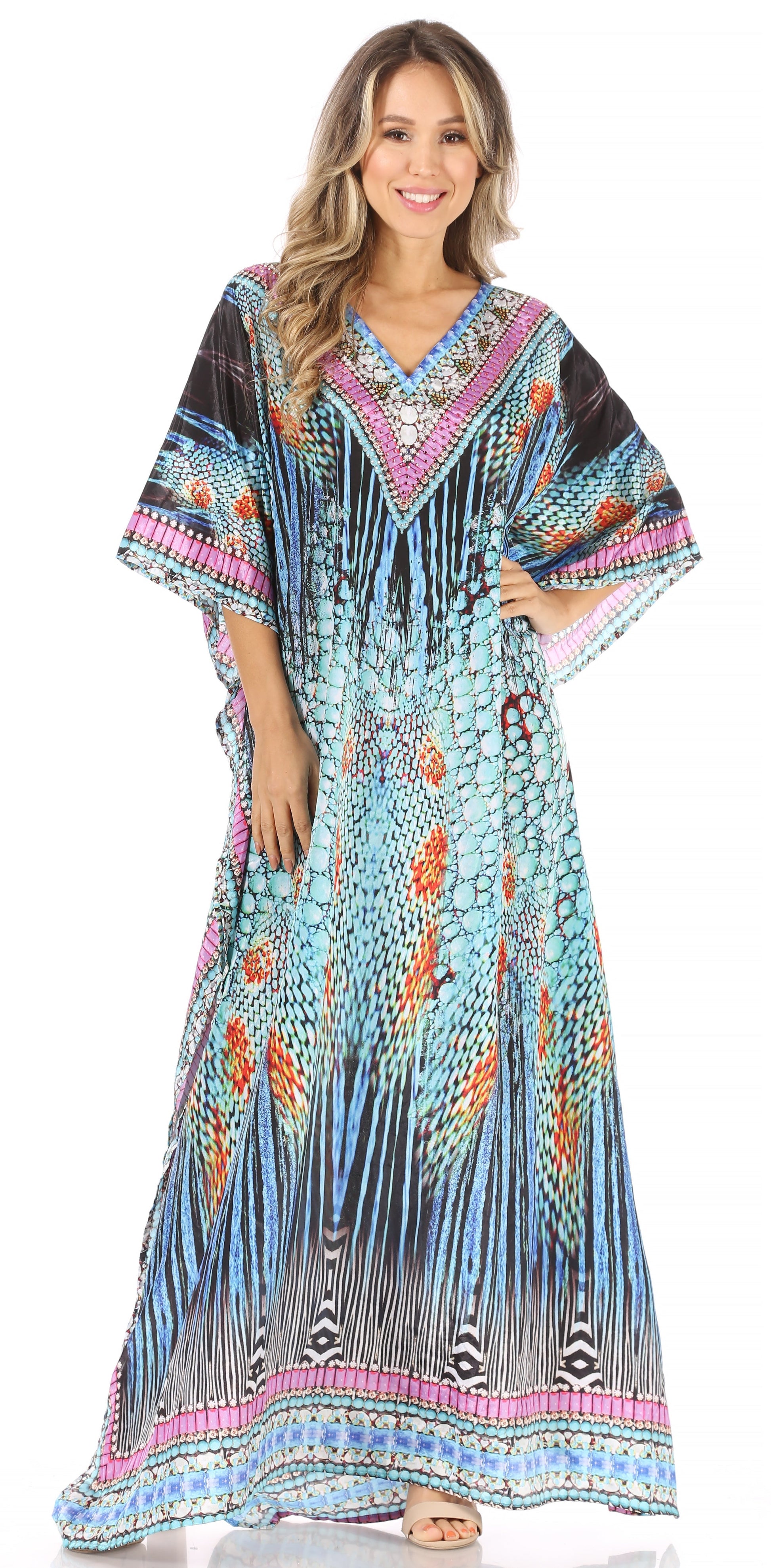 Sakkas Anahi Flowy Design V Neck Long Caftan Dress / Cover Up With Rhinestone - Concordia Style Boutique