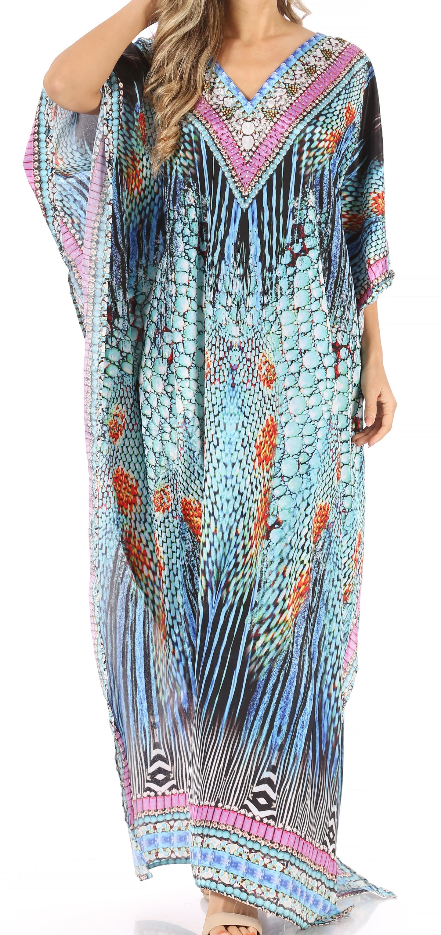 Sakkas Anahi Flowy Design V Neck Long Caftan Dress / Cover Up With Rhinestone - Concordia Style Boutique