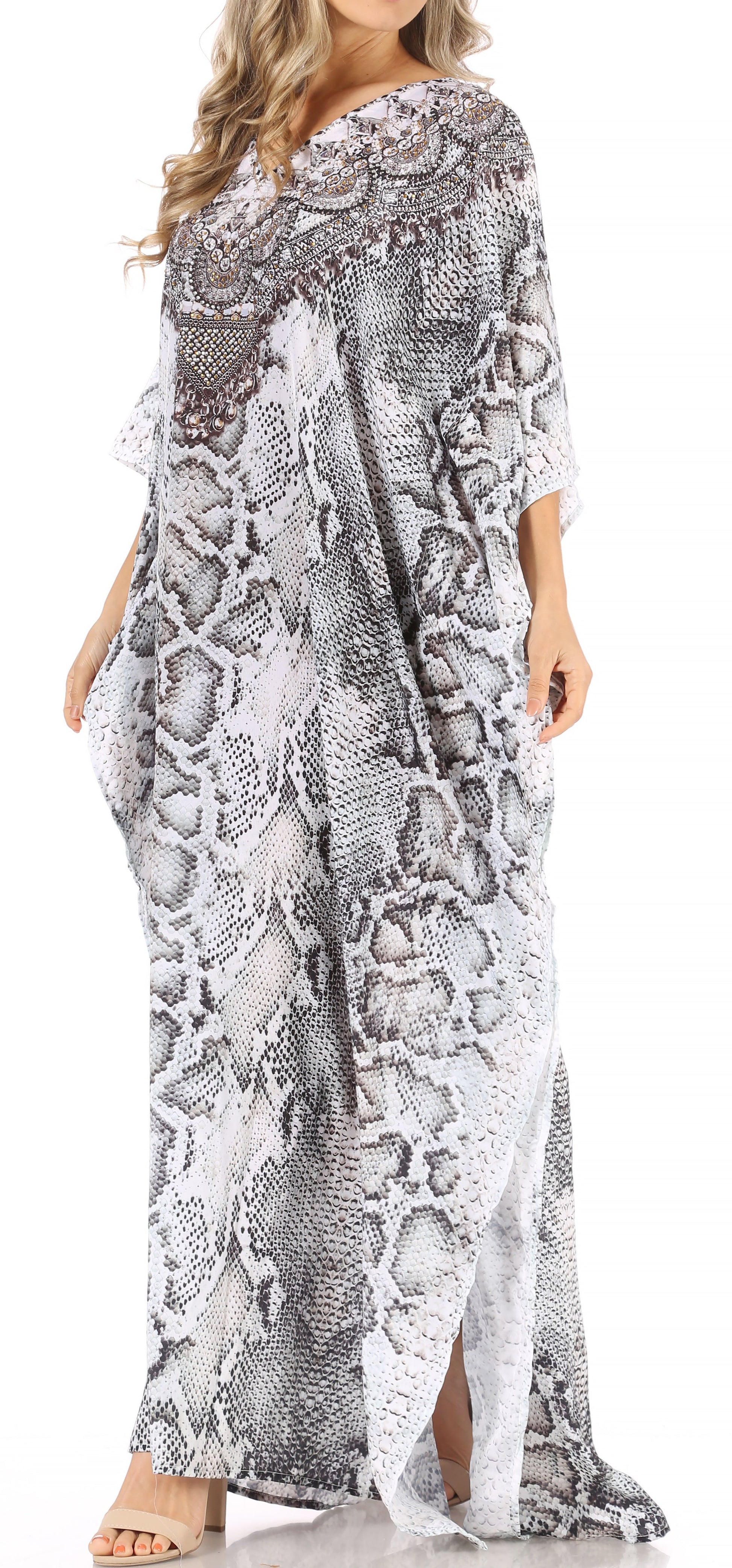 Sakkas Anahi Flowy Design V Neck Long Caftan Dress / Cover Up With Rhinestone - Concordia Style Boutique