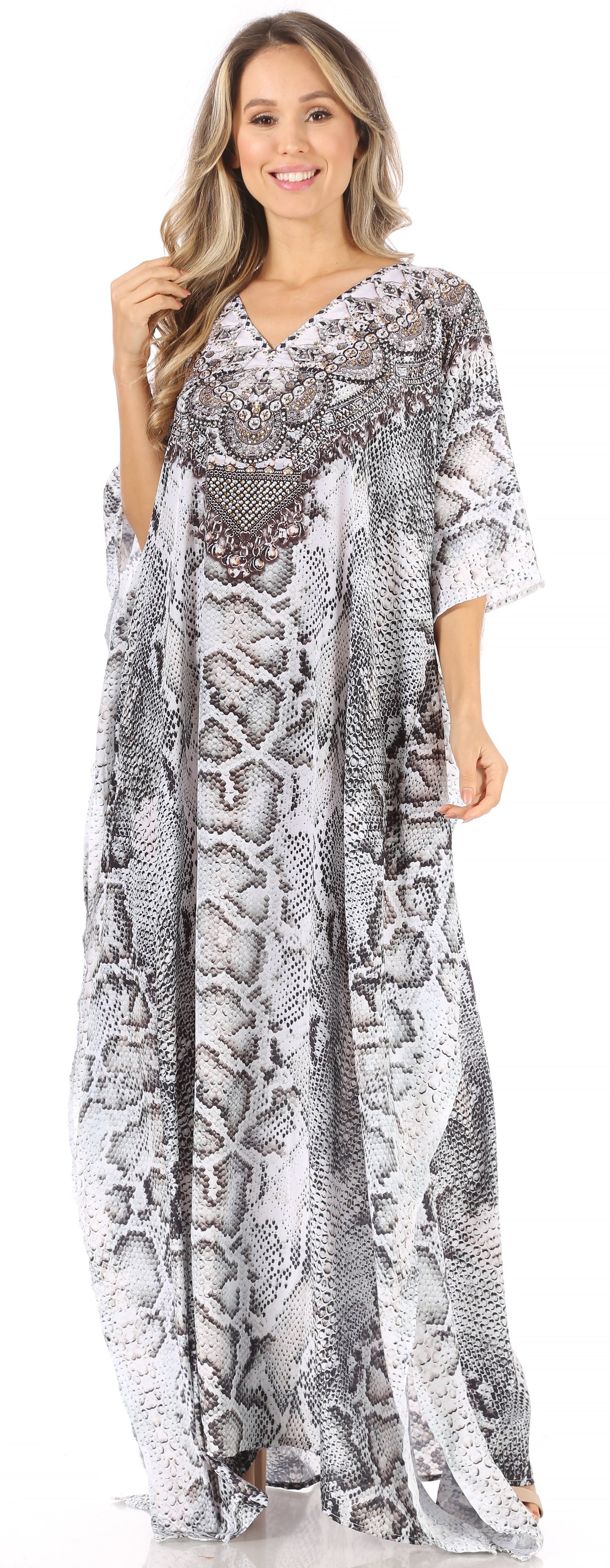 Sakkas Anahi Flowy Design V Neck Long Caftan Dress / Cover Up With Rhinestone - Concordia Style Boutique