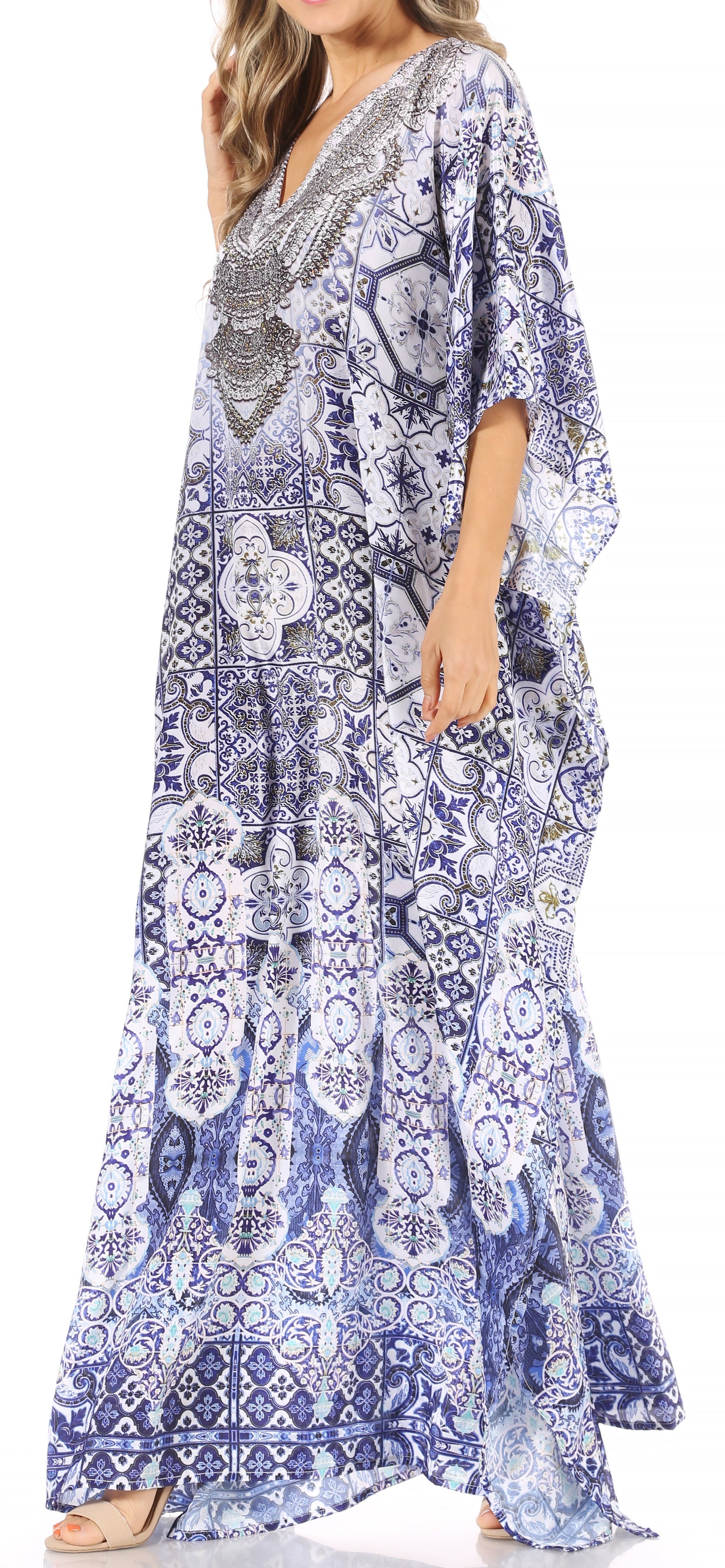 Sakkas Anahi Flowy Design V Neck Long Caftan Dress / Cover Up With Rhinestone - Concordia Style Boutique