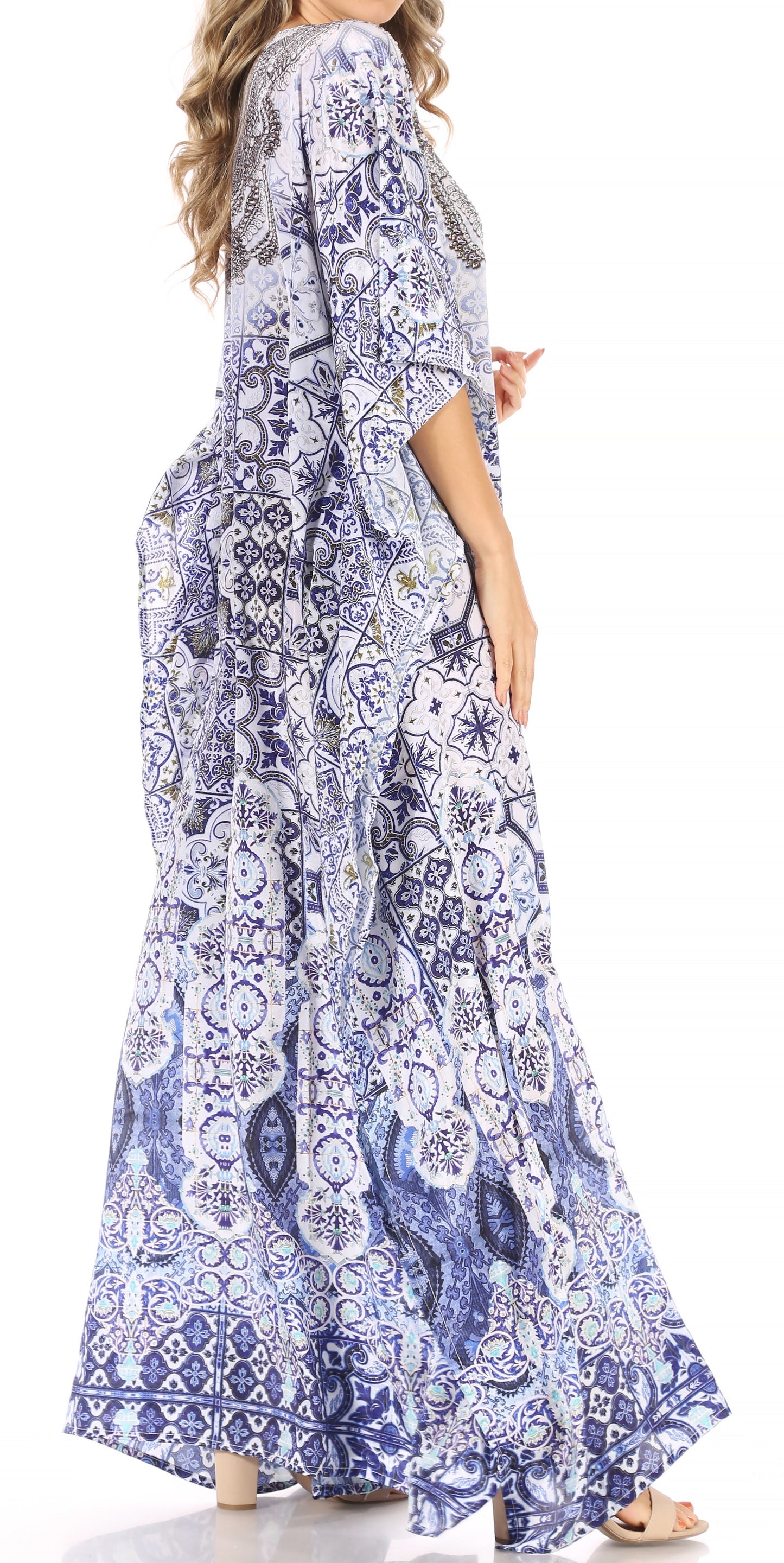 Sakkas Anahi Flowy Design V Neck Long Caftan Dress / Cover Up With Rhinestone - Concordia Style Boutique
