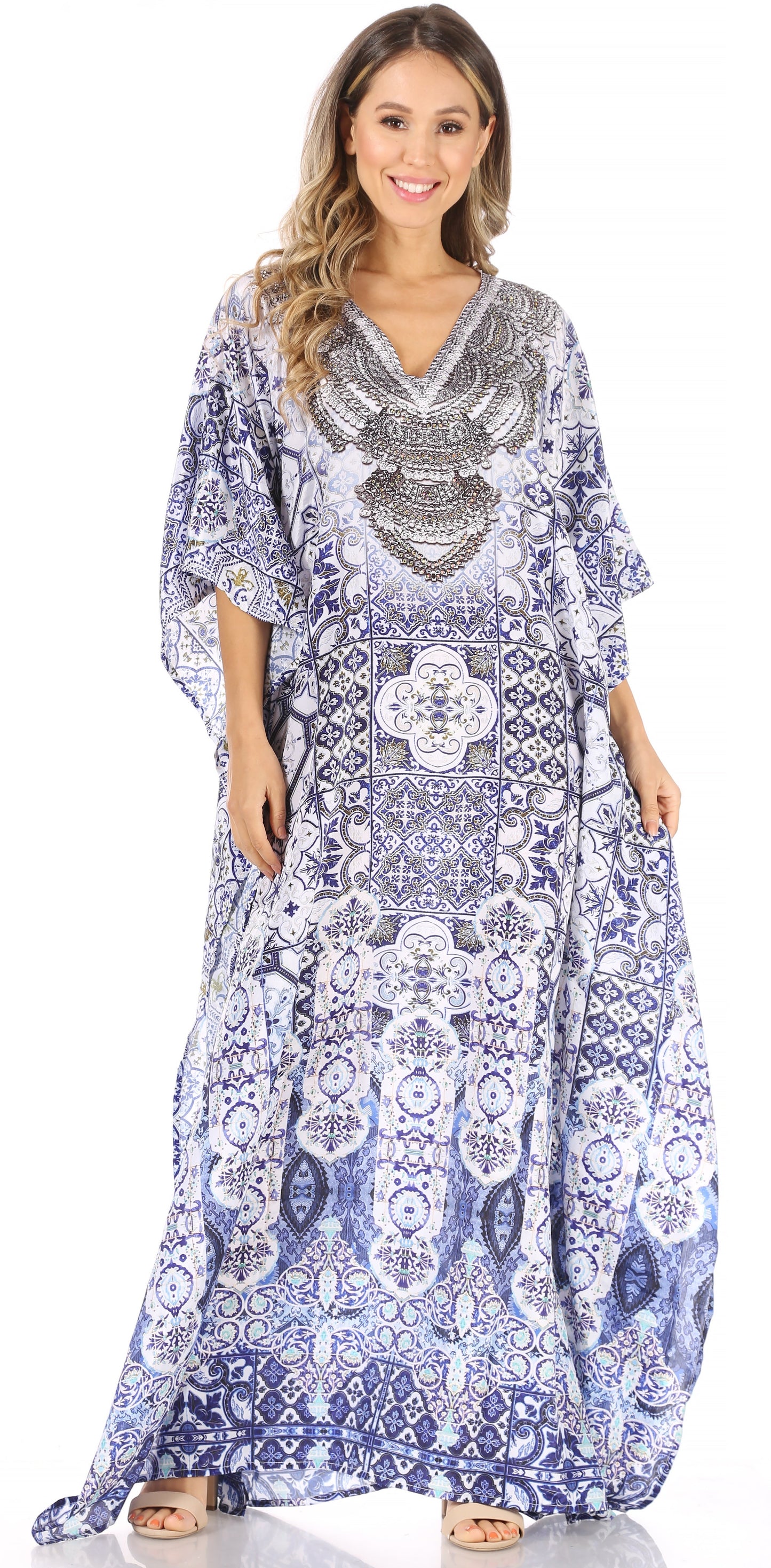 Sakkas Anahi Flowy Design V Neck Long Caftan Dress / Cover Up With Rhinestone - Concordia Style Boutique