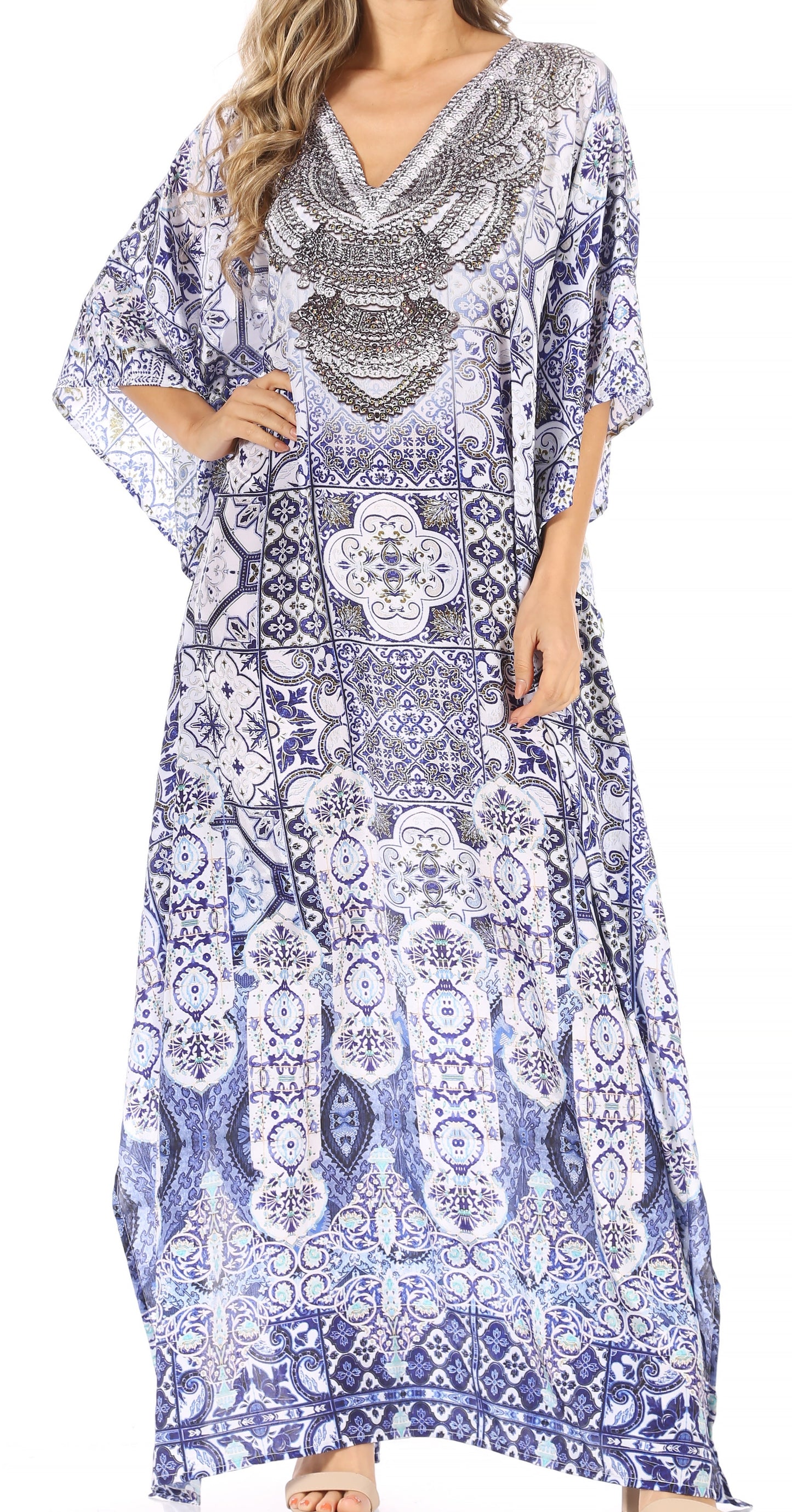 Sakkas Anahi Flowy Design V Neck Long Caftan Dress / Cover Up With Rhinestone - Concordia Style Boutique