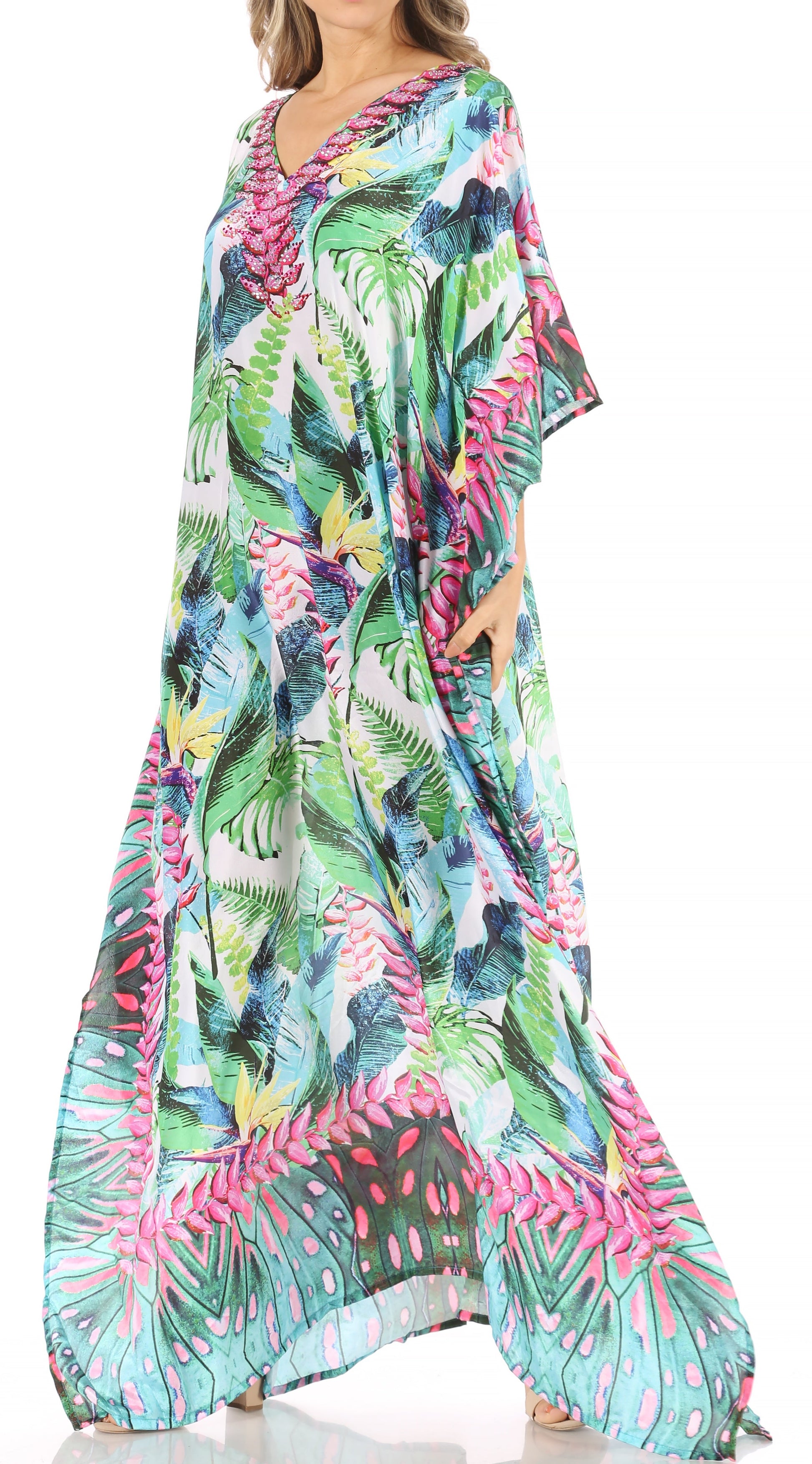 Sakkas Anahi Flowy Design V Neck Long Caftan Dress / Cover Up With Rhinestone - Concordia Style Boutique