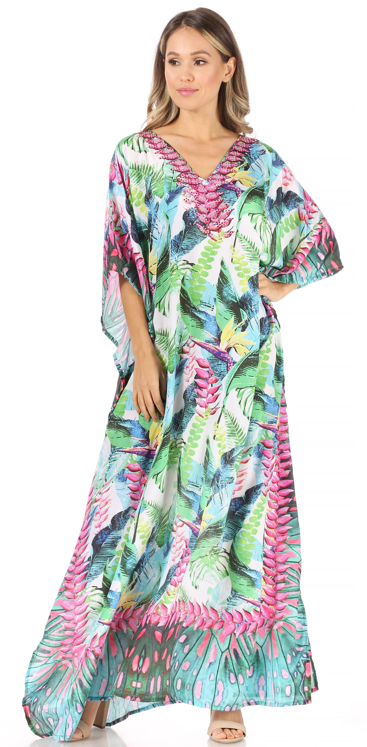 Sakkas Anahi Flowy Design V Neck Long Caftan Dress / Cover Up With Rhinestone - Concordia Style Boutique