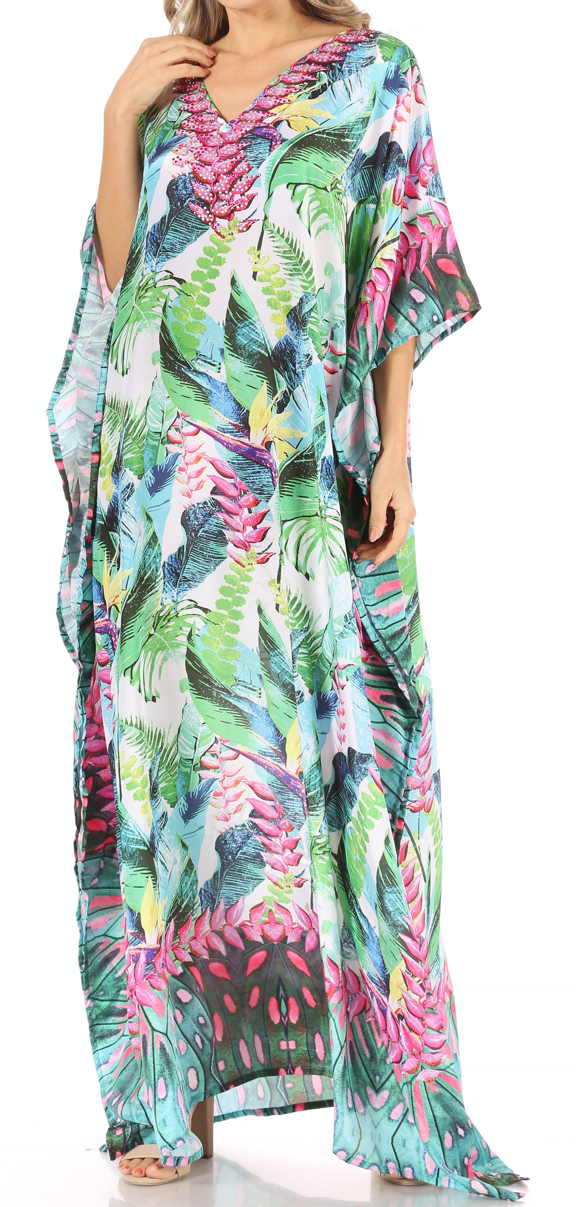 Sakkas Anahi Flowy Design V Neck Long Caftan Dress / Cover Up With Rhinestone - Concordia Style Boutique