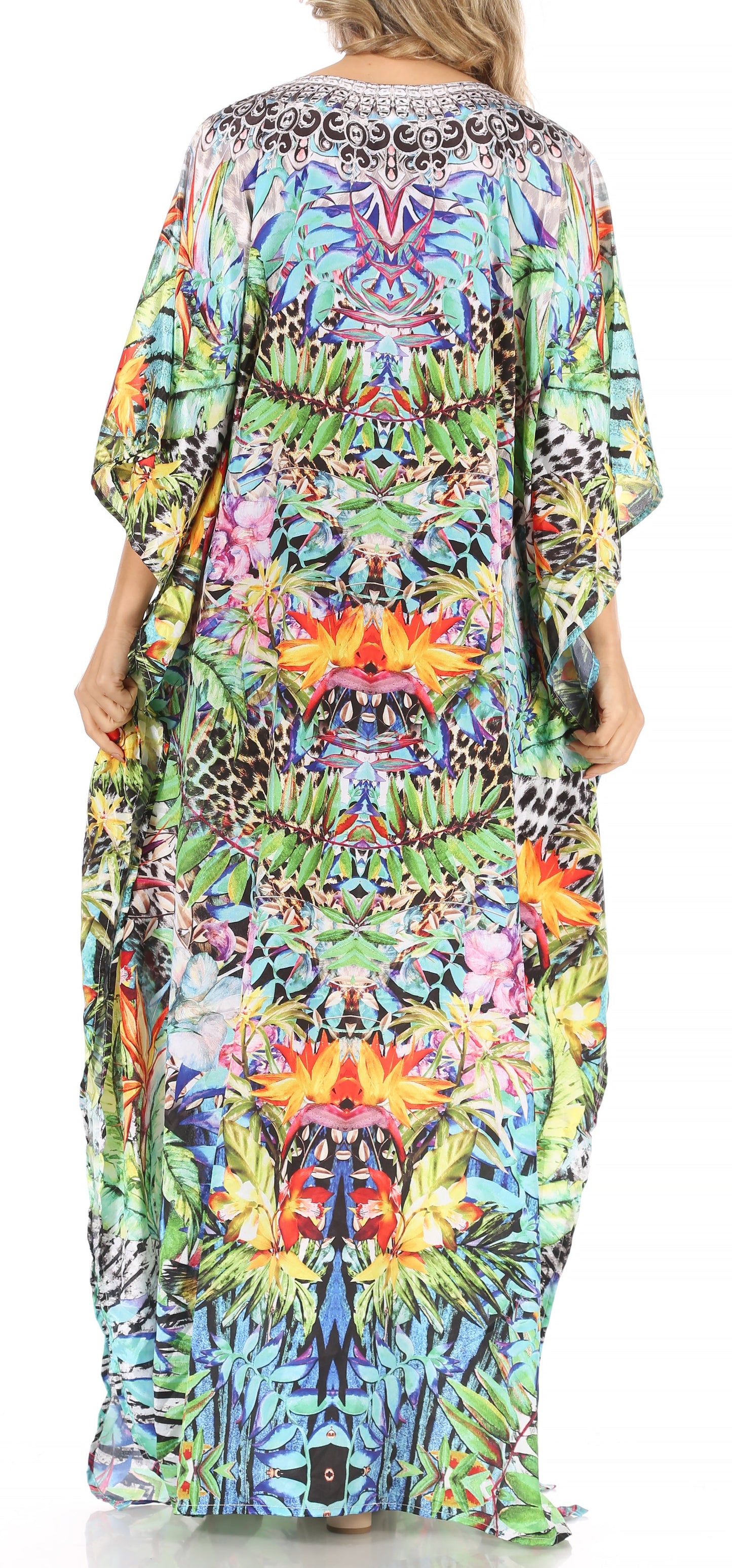 Sakkas Anahi Flowy Design V Neck Long Caftan Dress / Cover Up With Rhinestone - Concordia Style Boutique