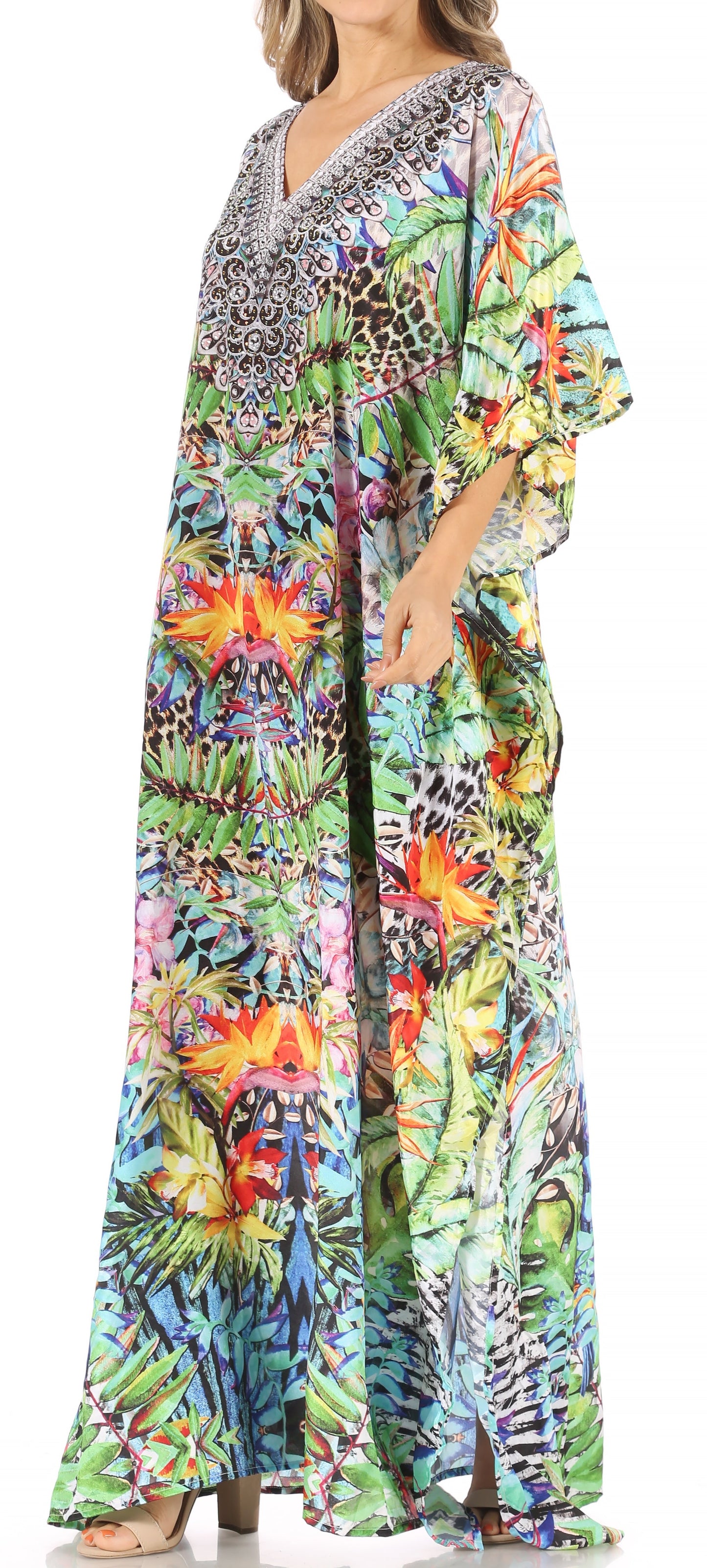 Sakkas Anahi Flowy Design V Neck Long Caftan Dress / Cover Up With Rhinestone - Concordia Style Boutique