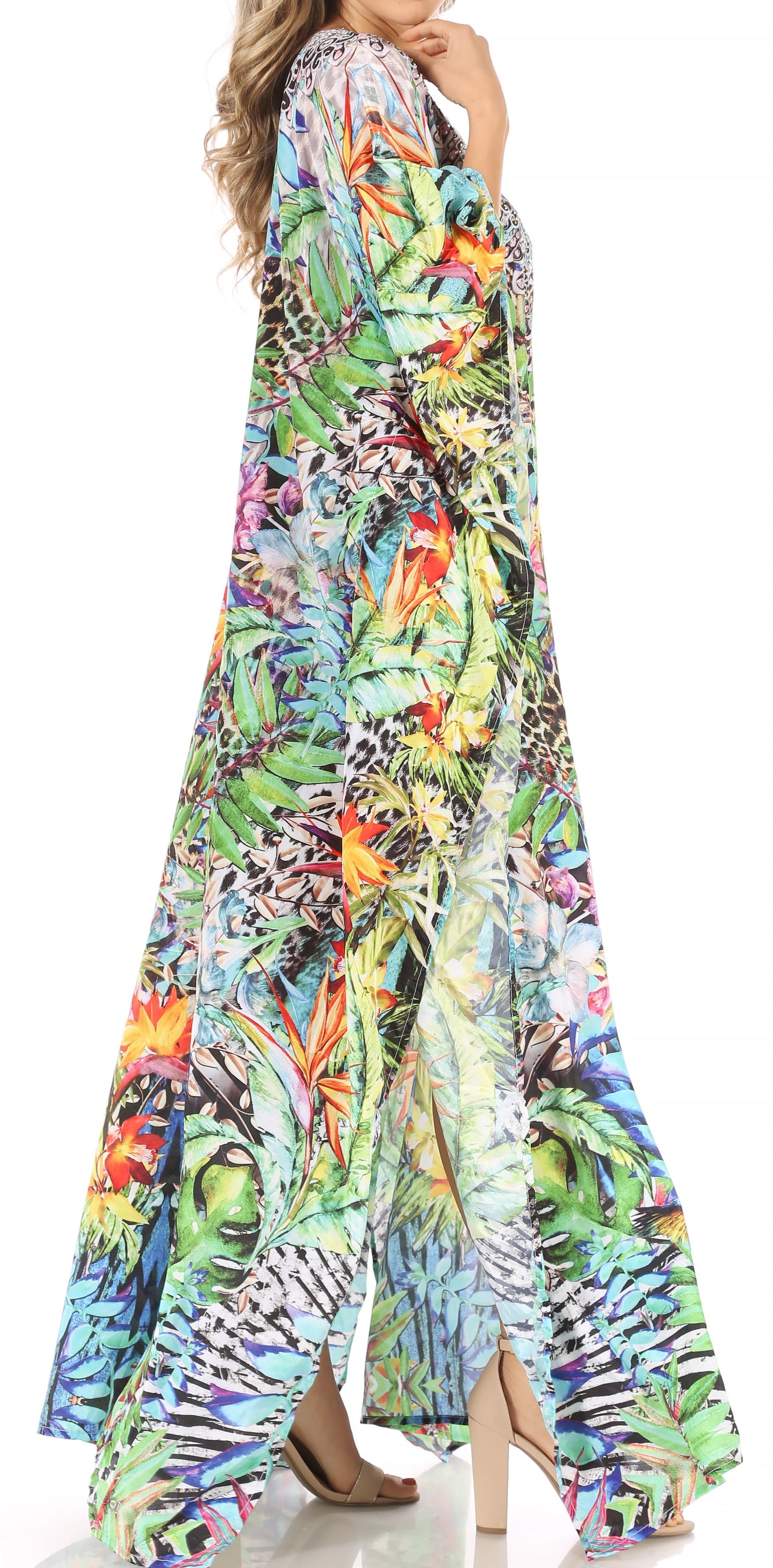 Sakkas Anahi Flowy Design V Neck Long Caftan Dress / Cover Up With Rhinestone - Concordia Style Boutique