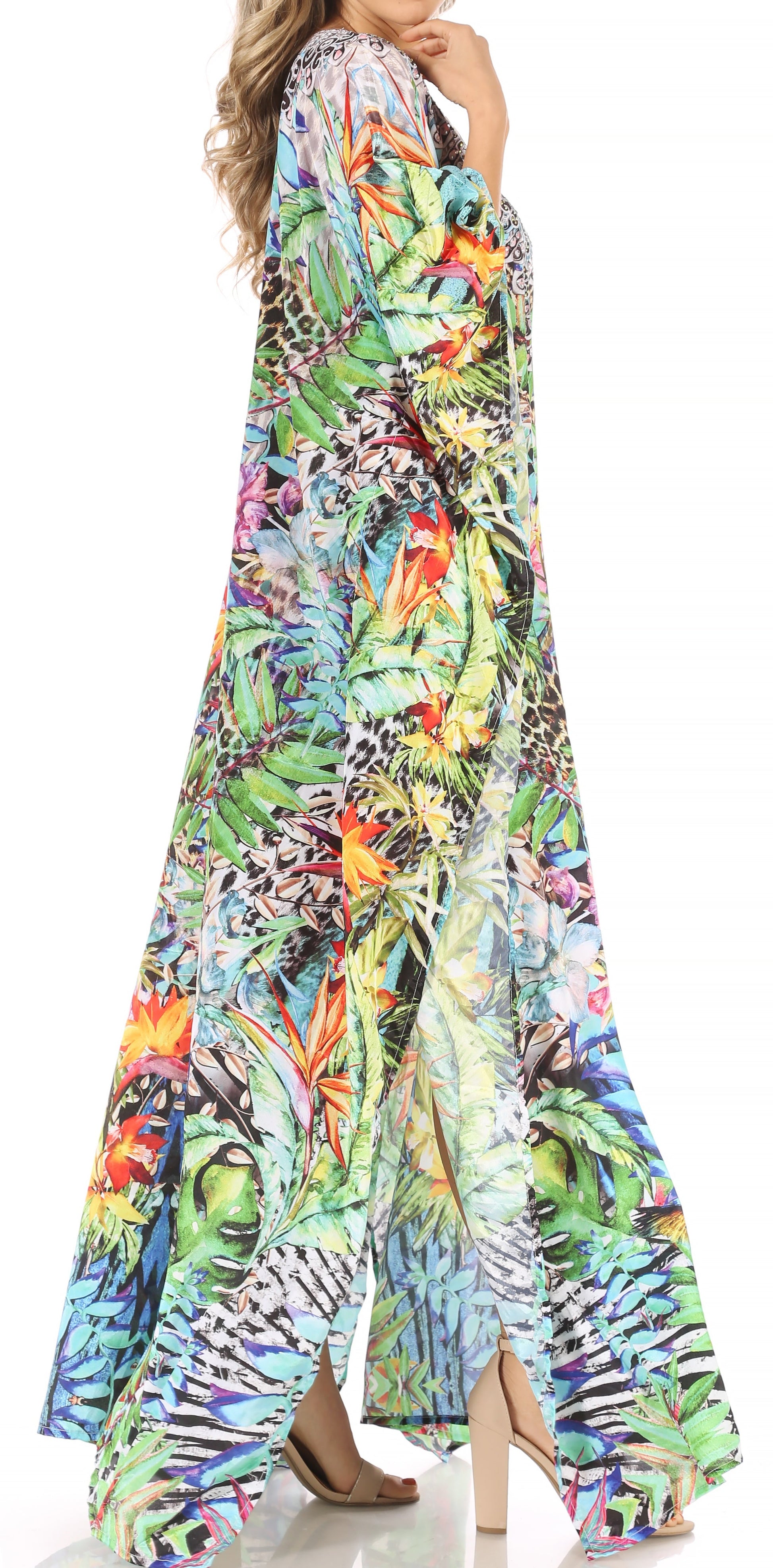 Sakkas Anahi Flowy Design V Neck Long Caftan Dress / Cover Up With Rhinestone - Concordia Style Boutique