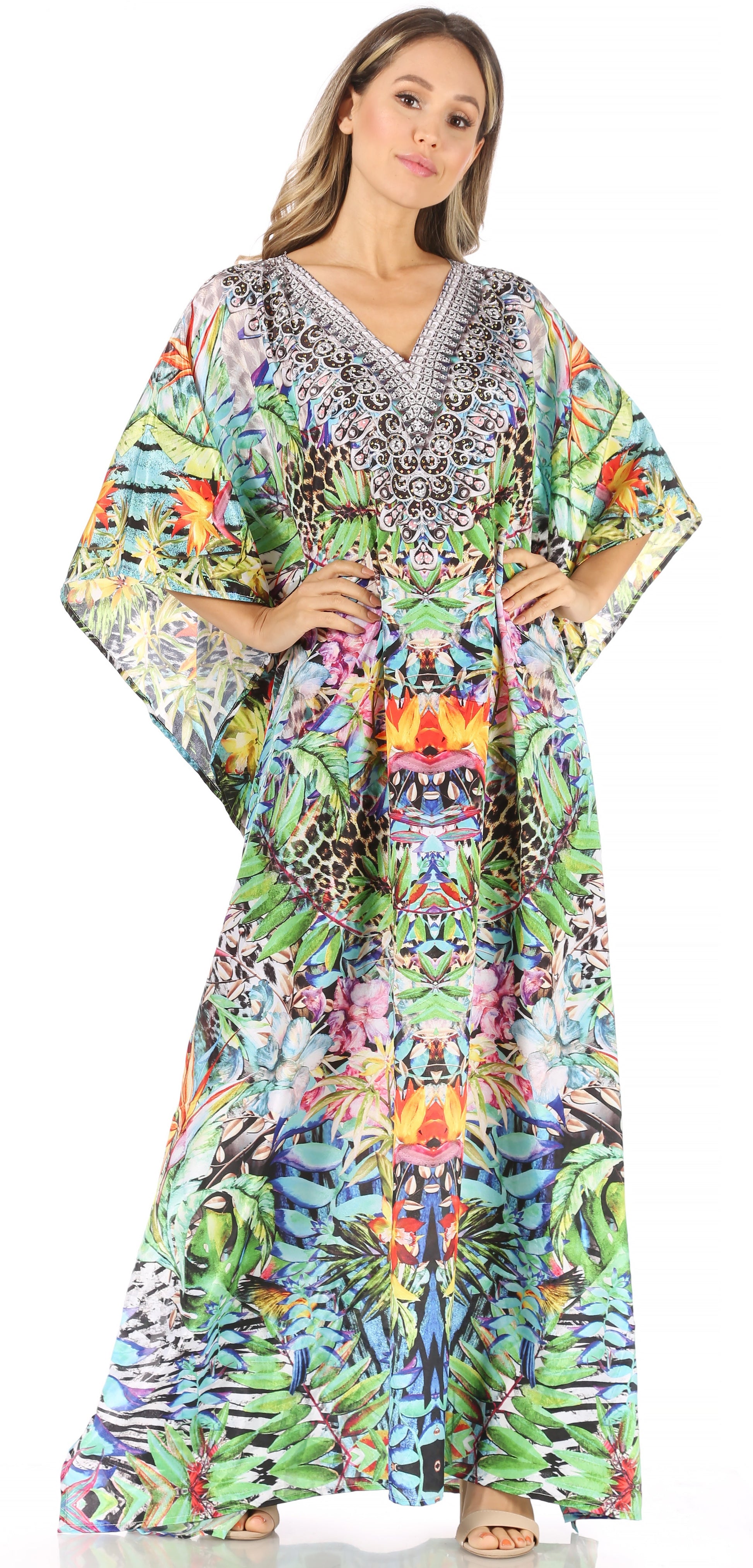 Sakkas Anahi Flowy Design V Neck Long Caftan Dress / Cover Up With Rhinestone - Concordia Style Boutique