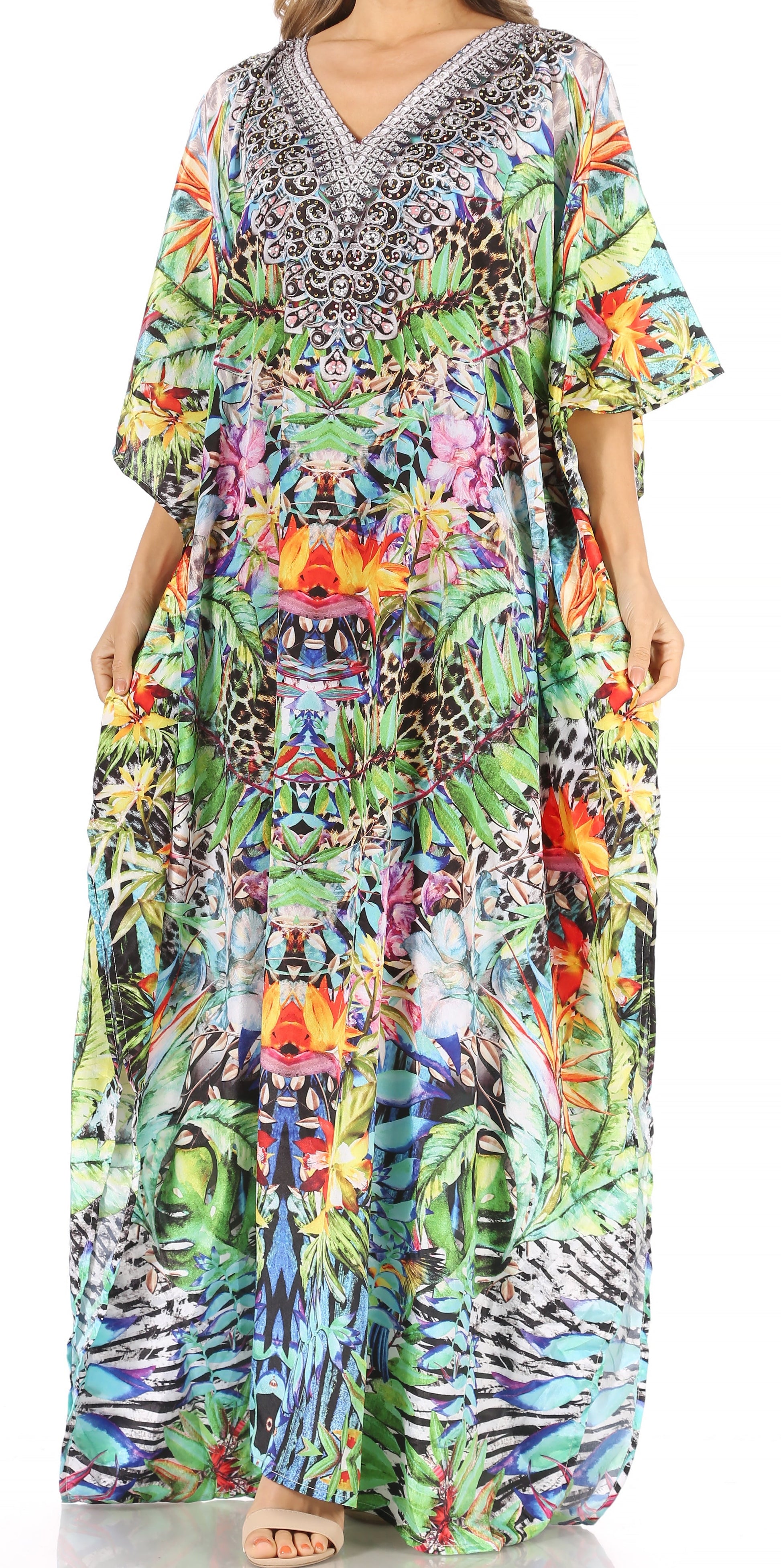 Sakkas Anahi Flowy Design V Neck Long Caftan Dress / Cover Up With Rhinestone - Concordia Style Boutique