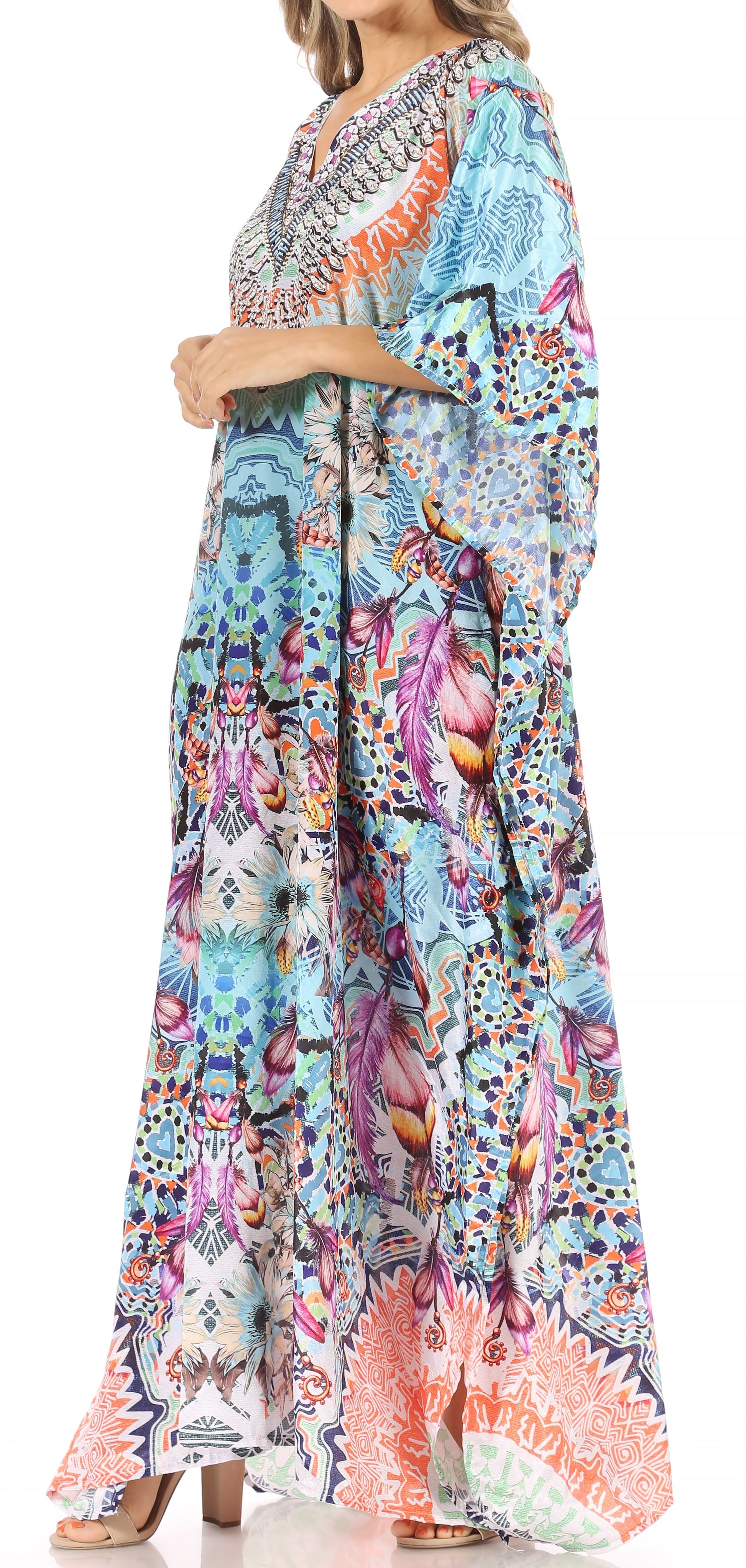 Sakkas Anahi Flowy Design V Neck Long Caftan Dress / Cover Up With Rhinestone - Concordia Style Boutique