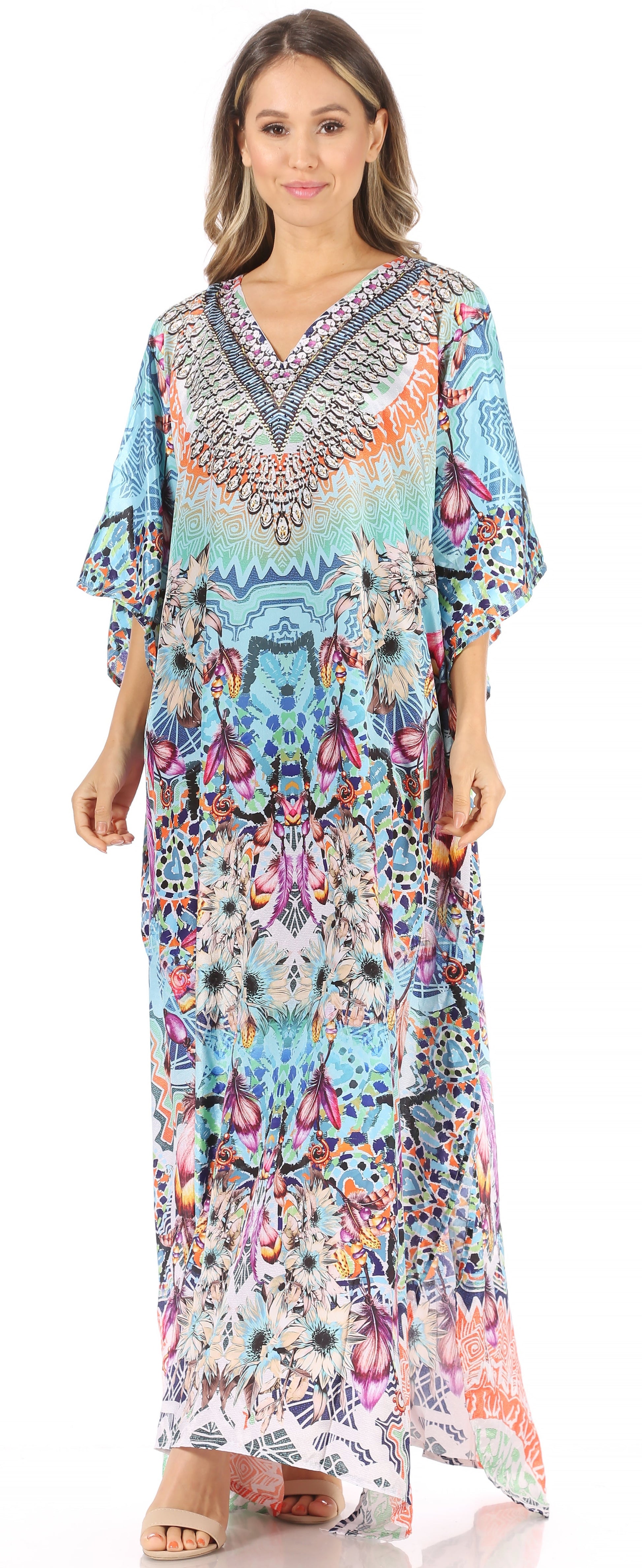Sakkas Anahi Flowy Design V Neck Long Caftan Dress / Cover Up With Rhinestone - Concordia Style Boutique