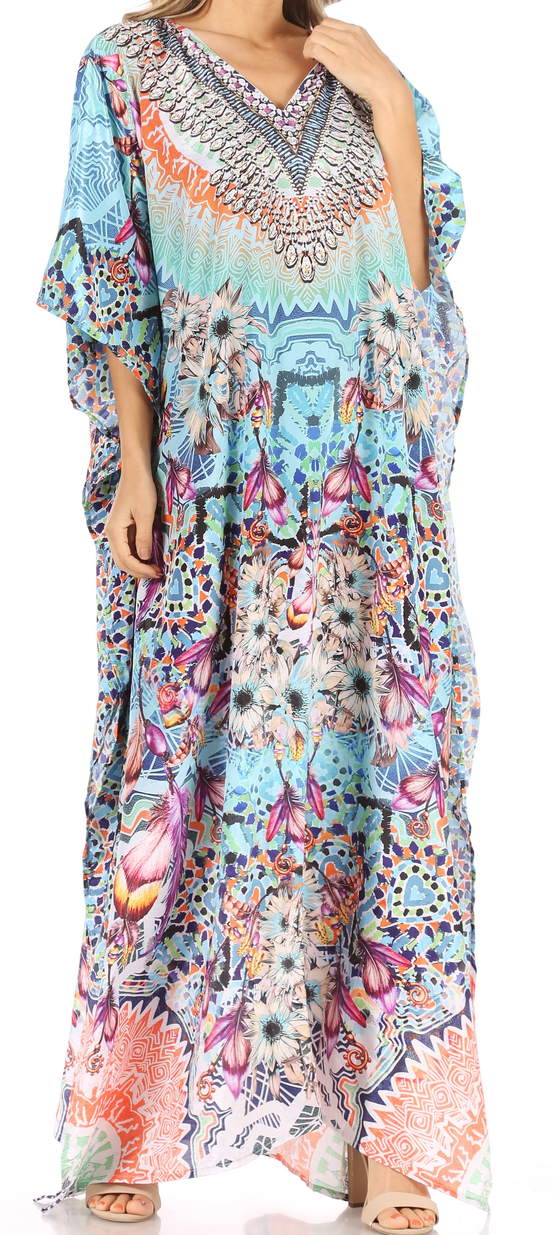 Sakkas Anahi Flowy Design V Neck Long Caftan Dress / Cover Up With Rhinestone - Concordia Style Boutique