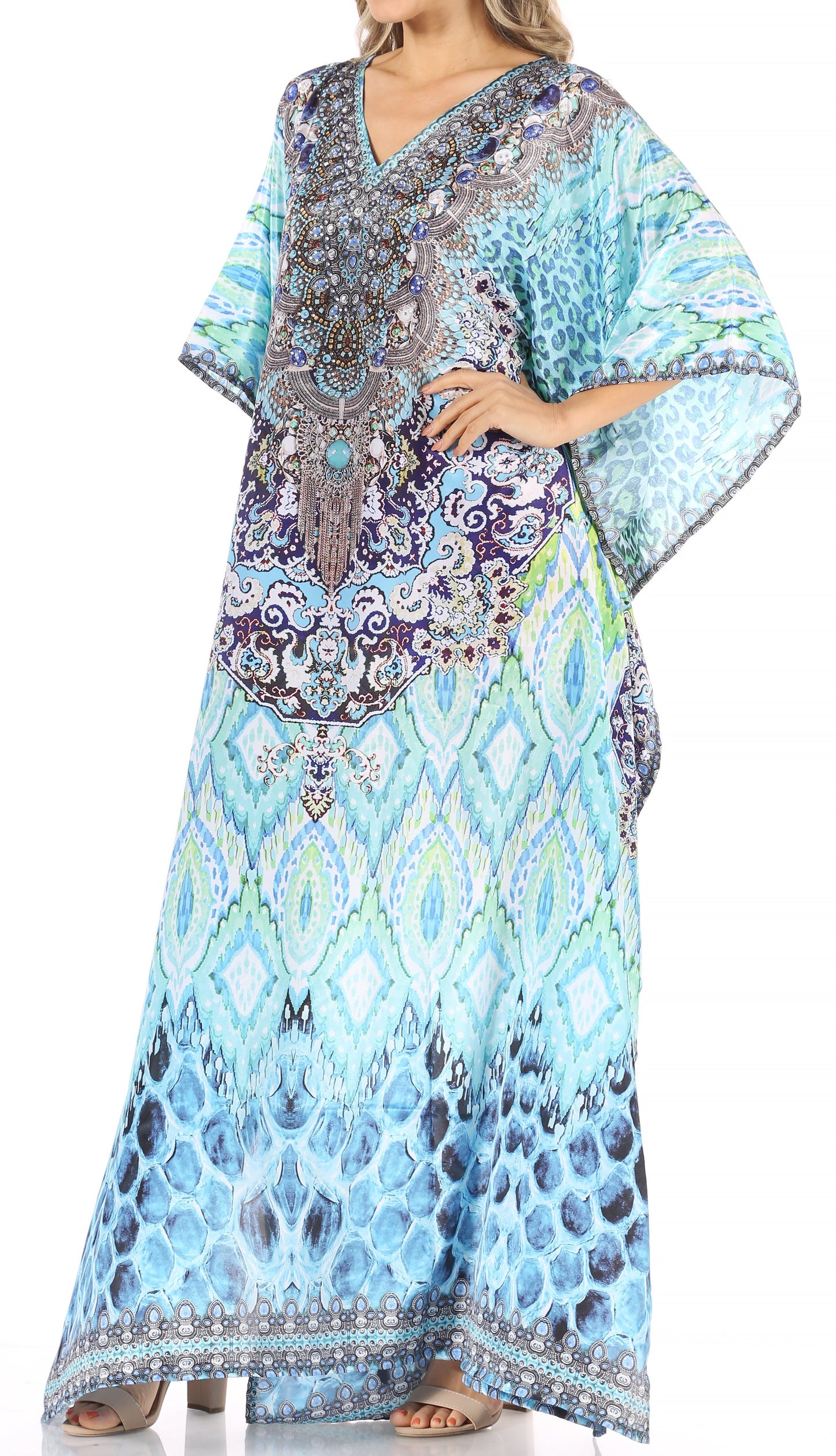 Sakkas Anahi Flowy Design V Neck Long Caftan Dress / Cover Up With Rhinestone - Concordia Style Boutique