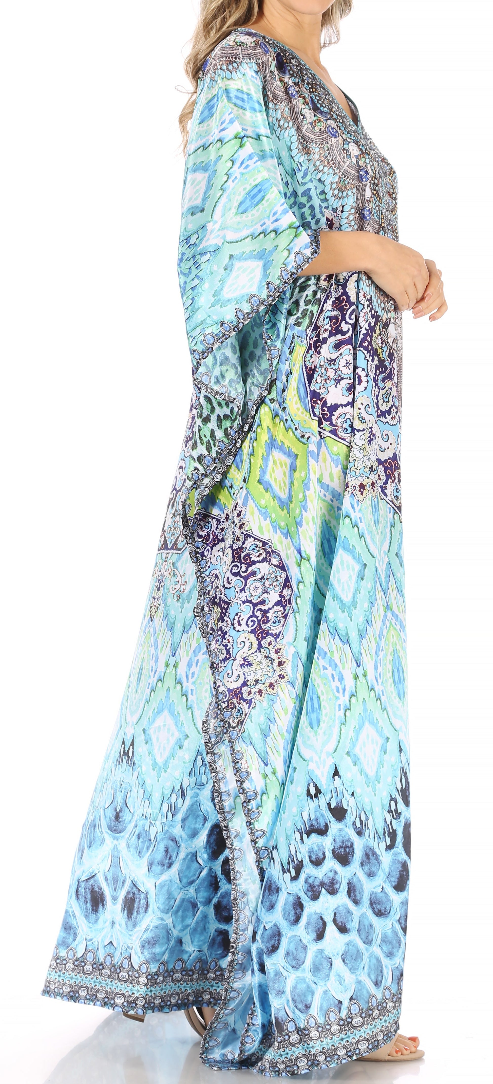 Sakkas Anahi Flowy Design V Neck Long Caftan Dress / Cover Up With Rhinestone - Concordia Style Boutique