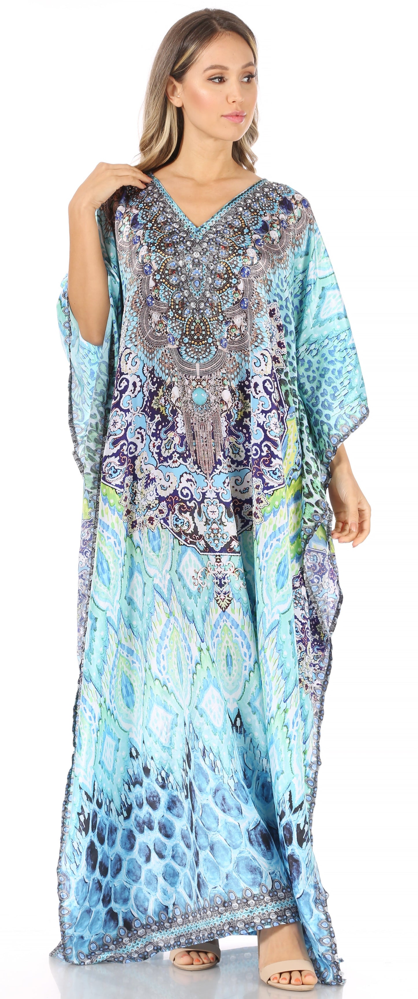 Sakkas Anahi Flowy Design V Neck Long Caftan Dress / Cover Up With Rhinestone - Concordia Style Boutique
