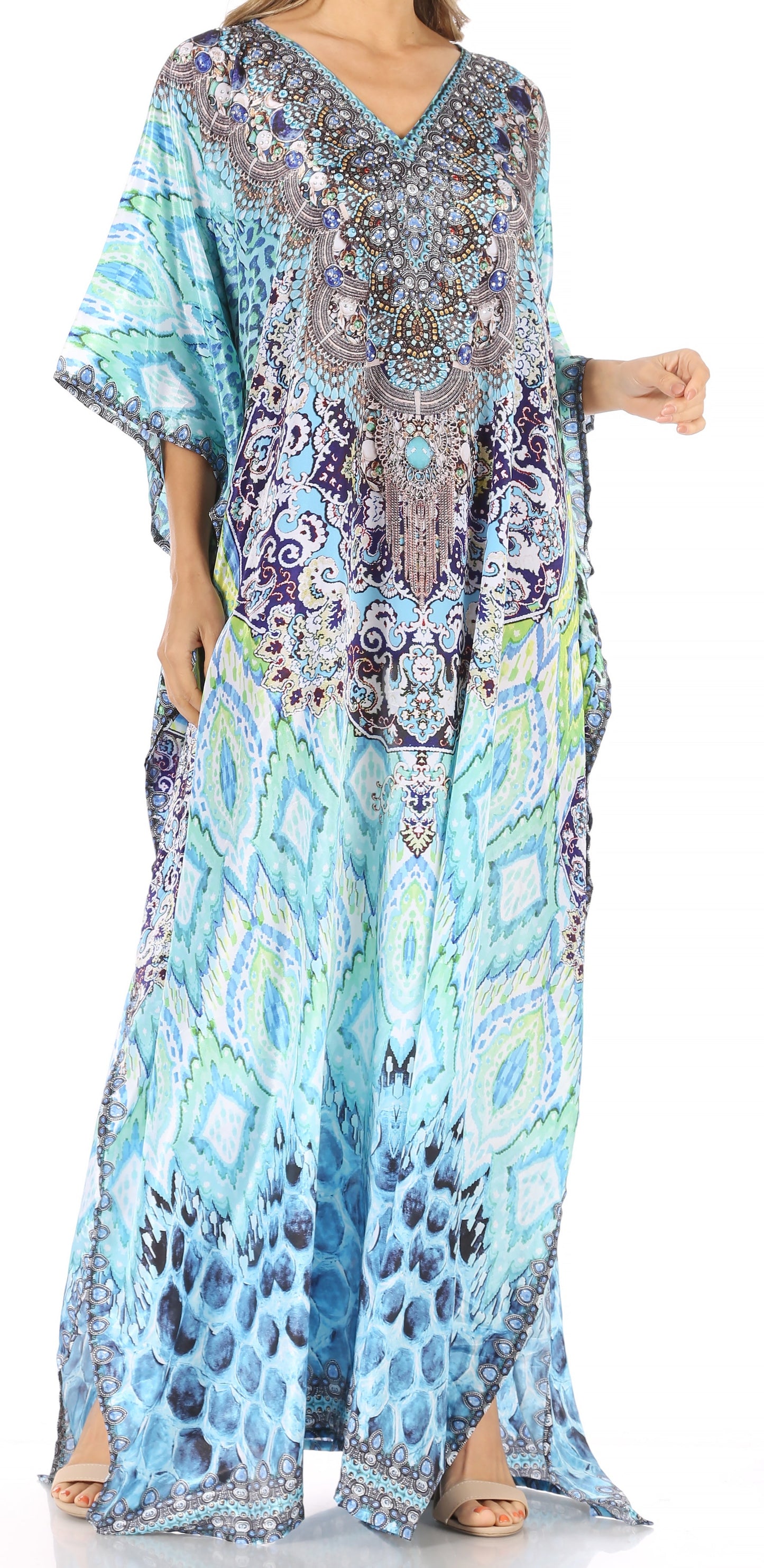 Sakkas Anahi Flowy Design V Neck Long Caftan Dress / Cover Up With Rhinestone - Concordia Style Boutique