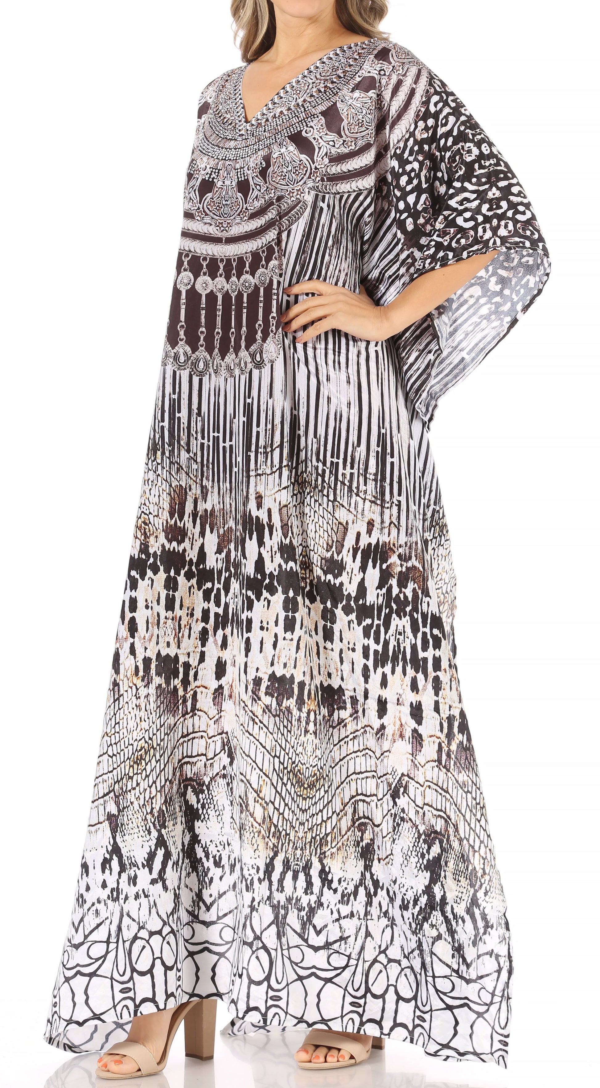 Sakkas Anahi Flowy Design V Neck Long Caftan Dress / Cover Up With Rhinestone - Concordia Style Boutique
