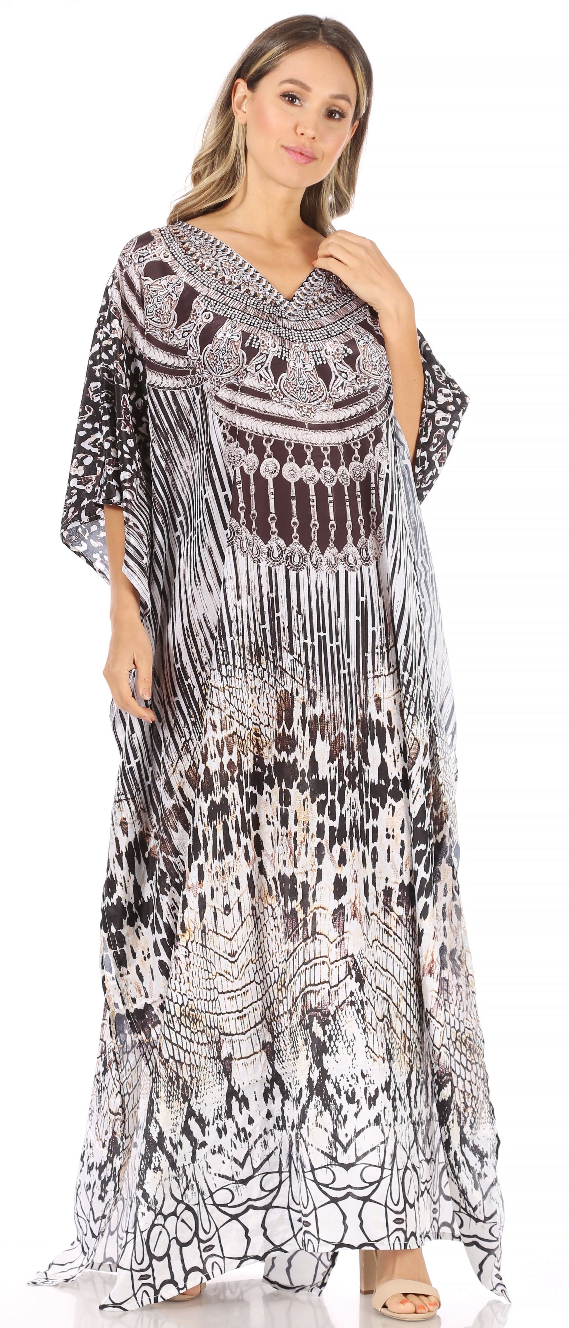 Sakkas Anahi Flowy Design V Neck Long Caftan Dress / Cover Up With Rhinestone - Concordia Style Boutique