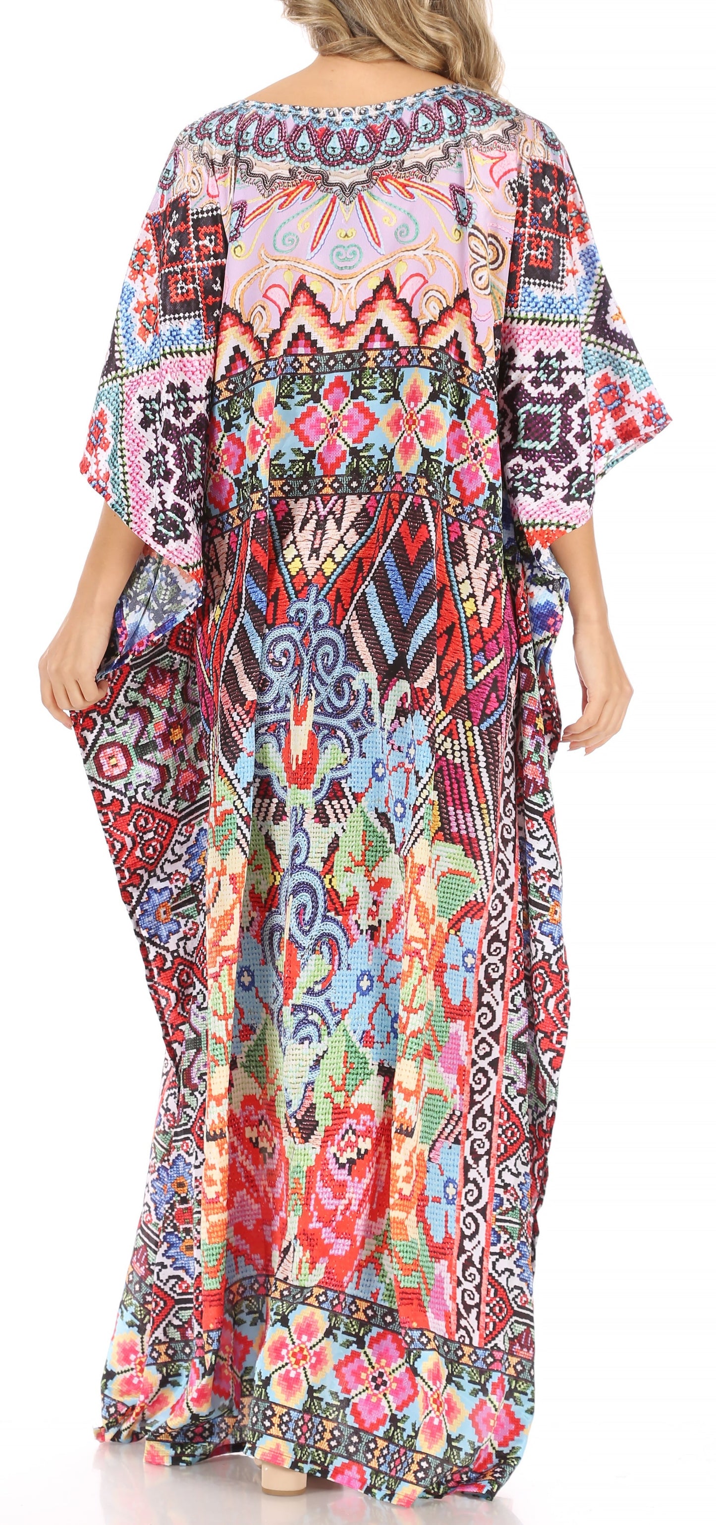 Sakkas Anahi Flowy Design V Neck Long Caftan Dress / Cover Up With Rhinestone - Concordia Style Boutique